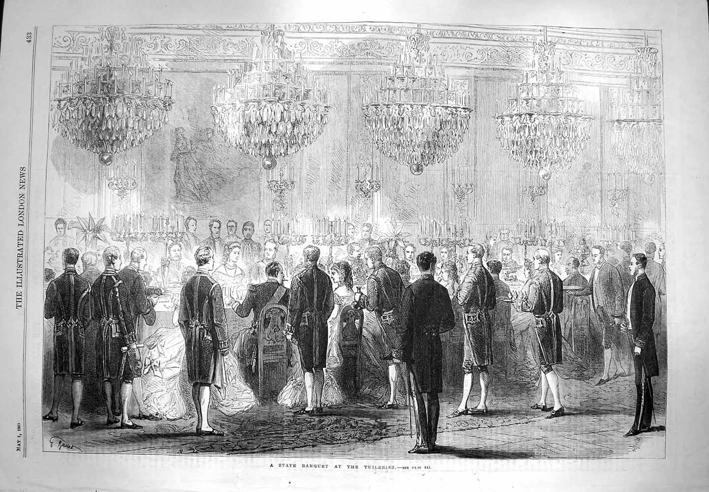 Old Antique Print 1869 State Banquet Tuileries France Men Ladies Dinner 19th
