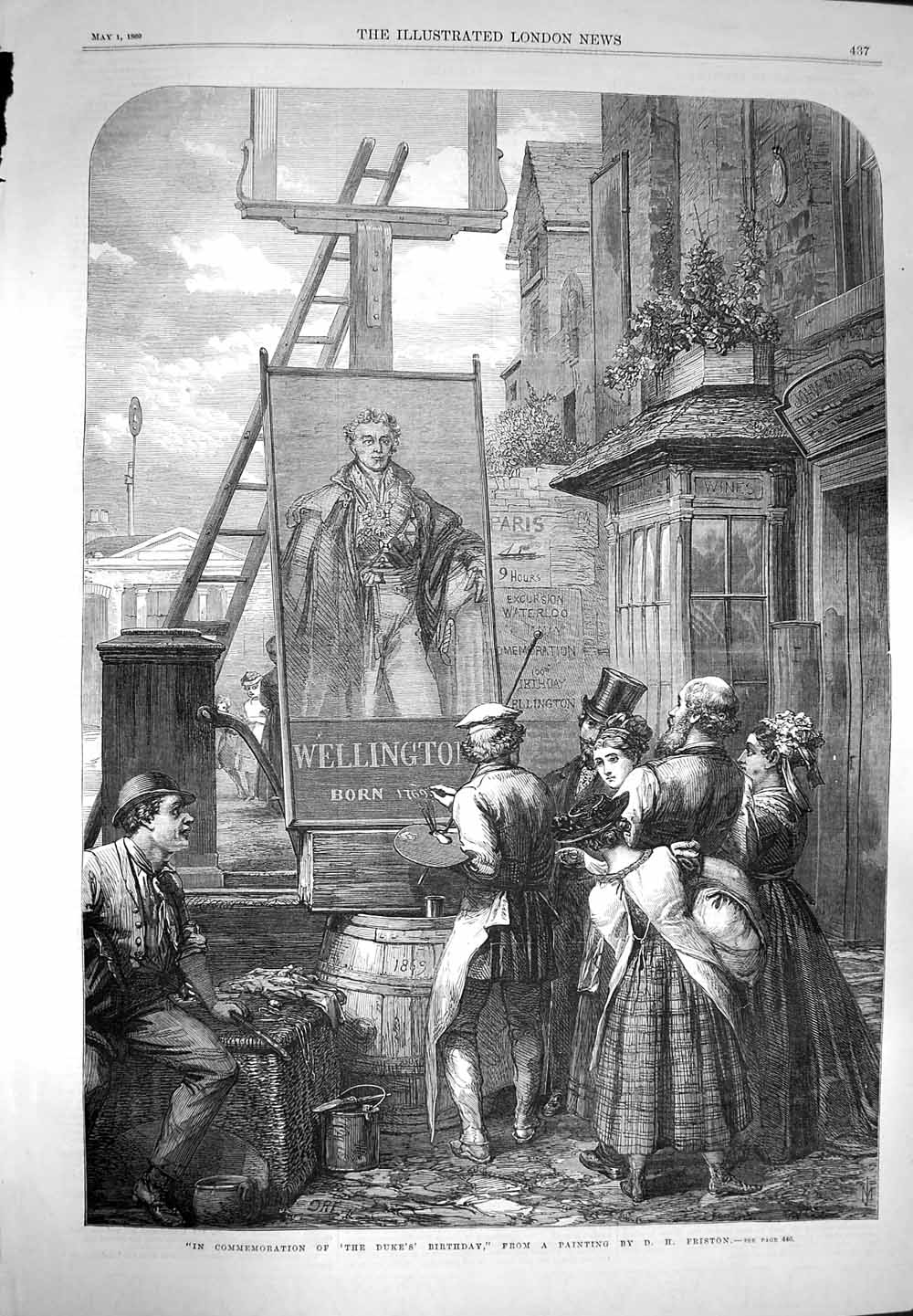 Original Old Antique Print 1869 Wellington Sign Commemoration Duke'S Birthday