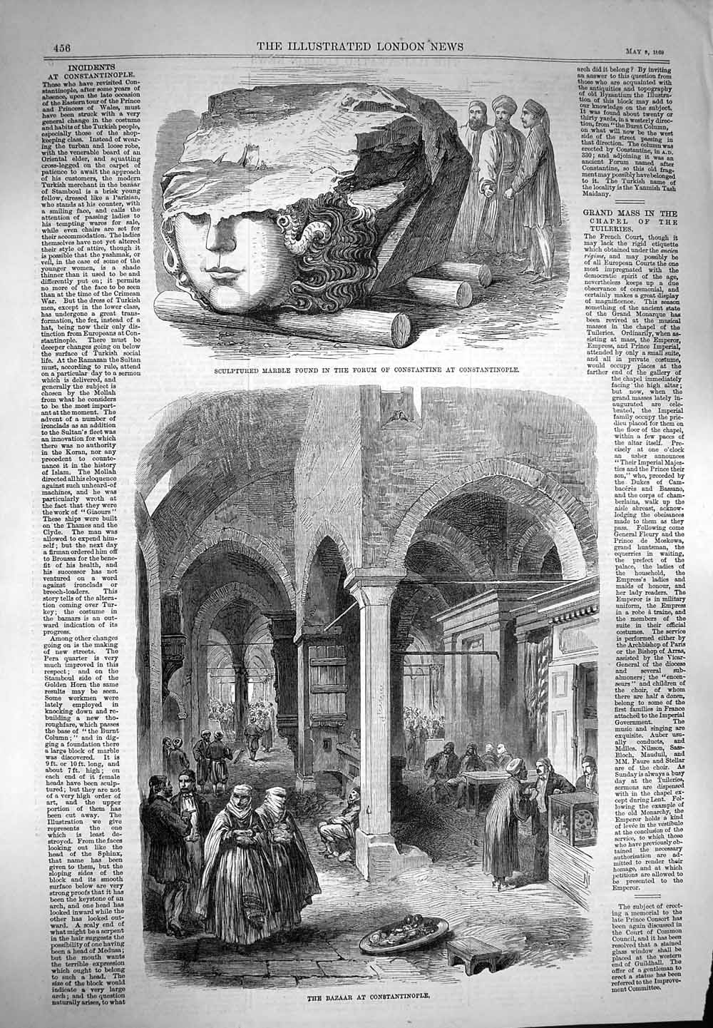 Original Old Antique Print 1869 Bazaar Constantinople Sculptured Marble Forum