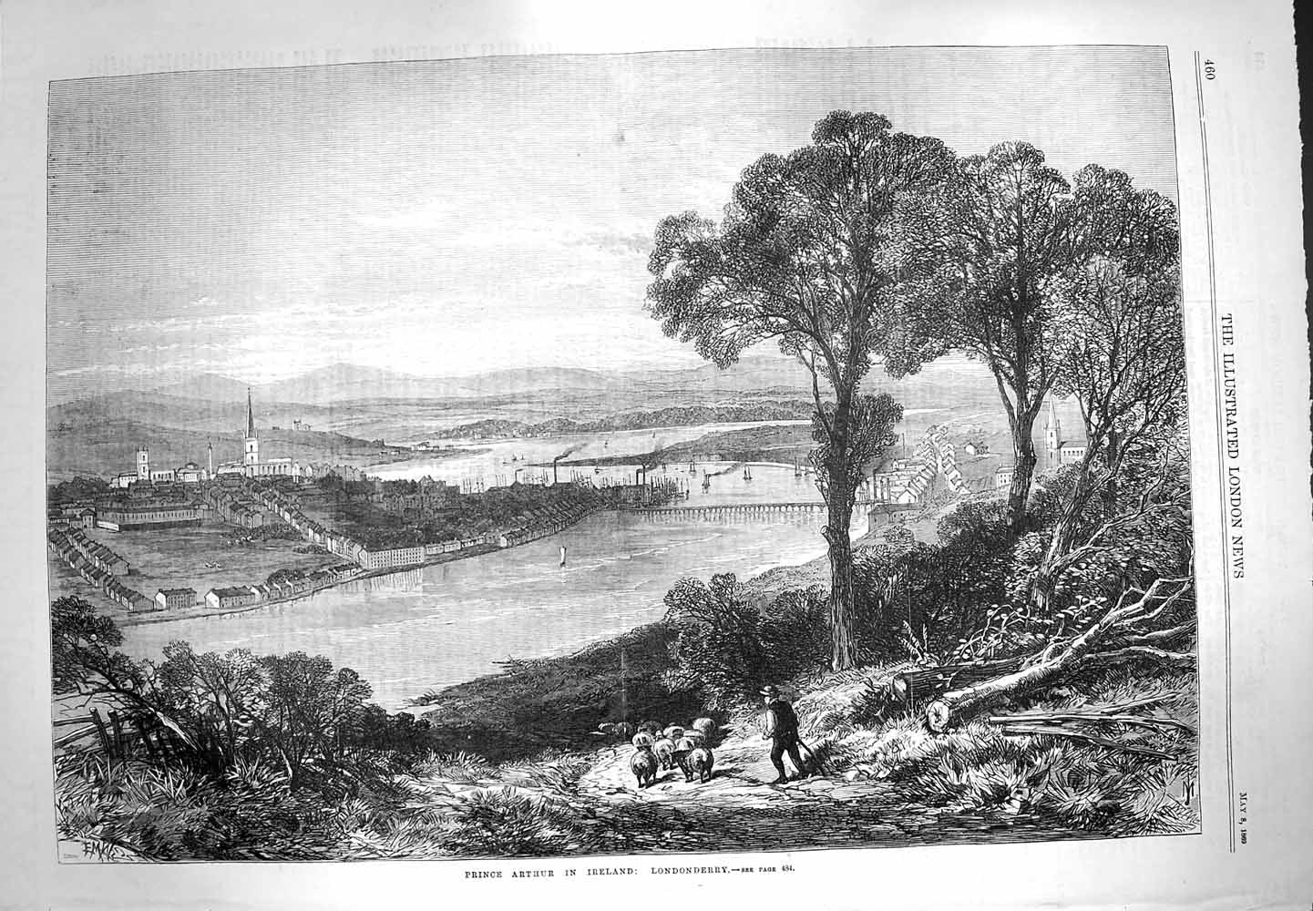 Original Old Antique Print 1869 Prince Arthur Ireland View Londonderry River