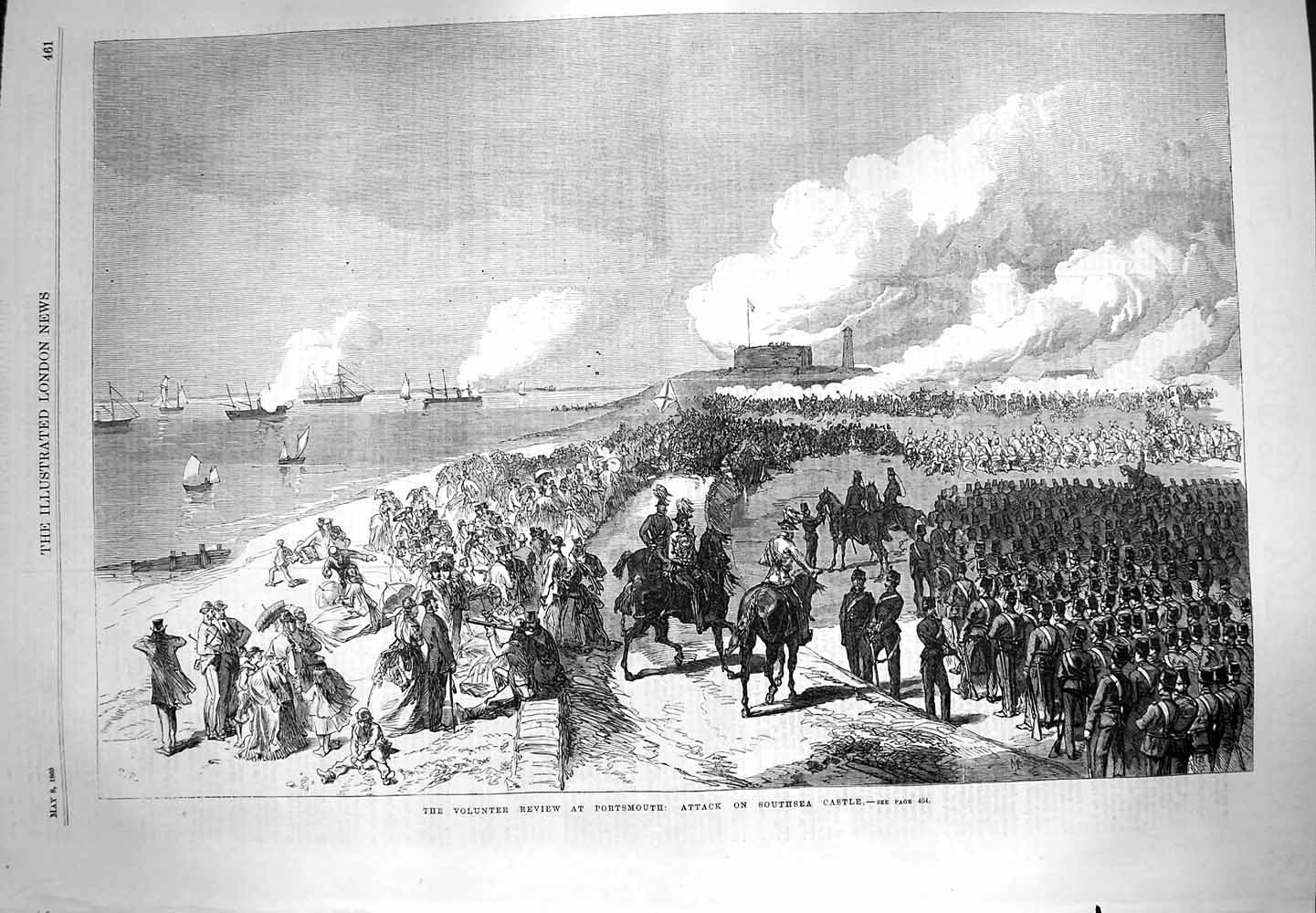 Old Antique Print 1869 Volunteer Review Portsmouth Southsea Castle Ships 19th