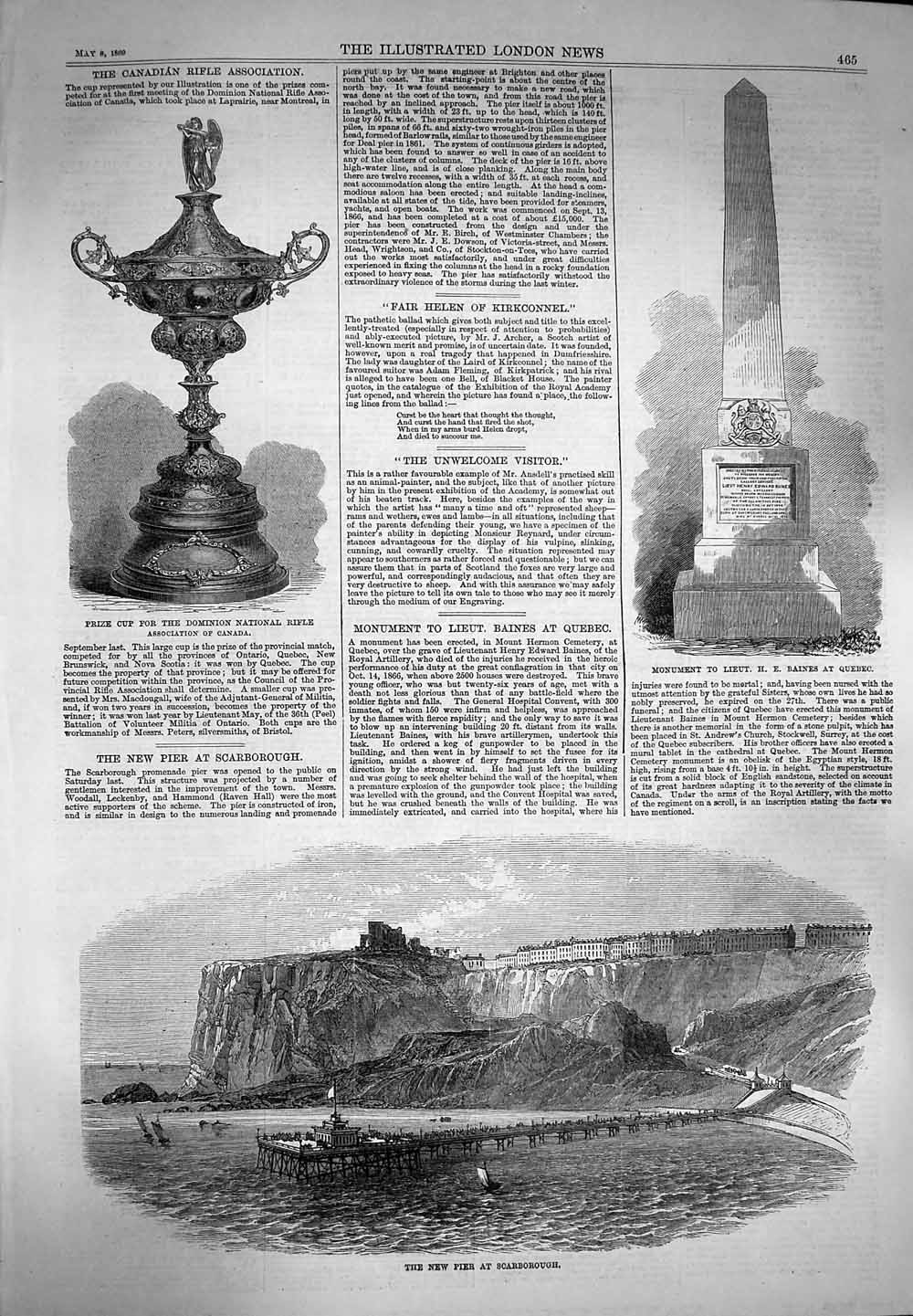 Original Old Antique Print 1869 Pier Scarborough Monument Baines Rifle Canada