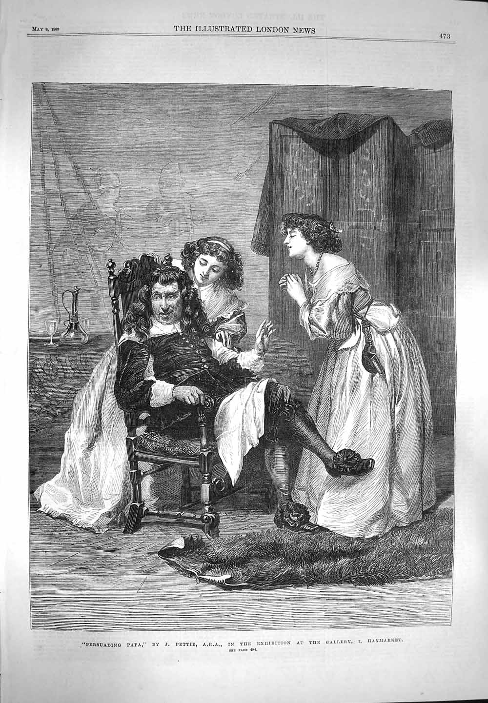 Old Antique Print 1869 Persuading Papa Young Girls Father Pettie Fine Art 19th