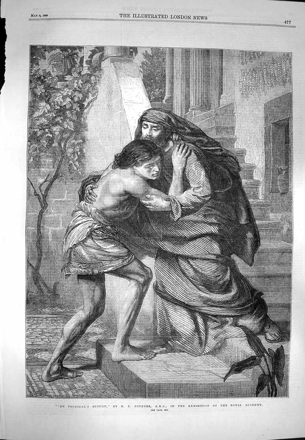 Original Old Antique Print 1869 Scene Prodigals Return Young Man Father Poynter
