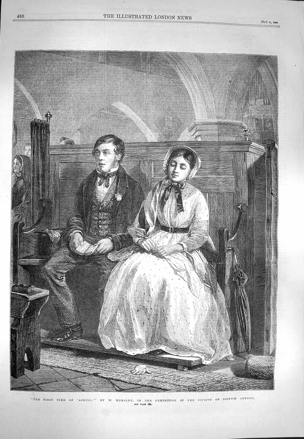 Original Old Antique Print 1869 First Time Asking Man Lady Romance Church Scene