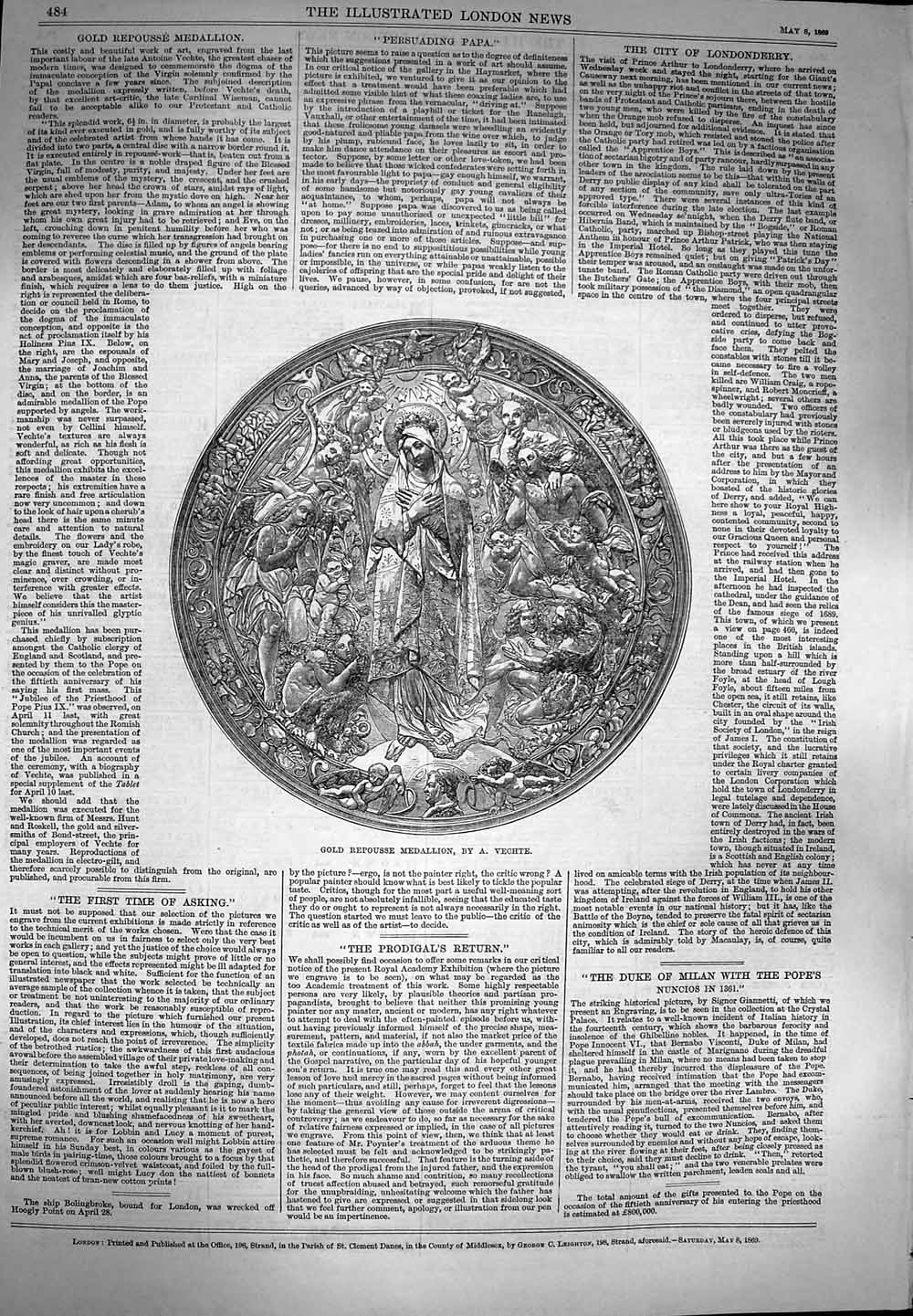 Original Old Antique Print 1869 GRepousse Medallion Antoine 19th