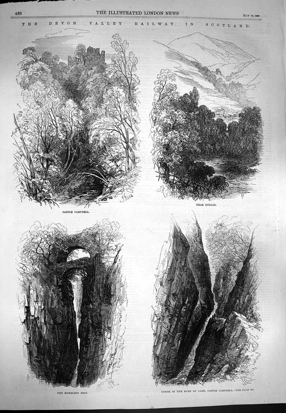 Old Antique Print 1869 Scotland Castle Campbell Dollar Burn Care Rumbling 19th