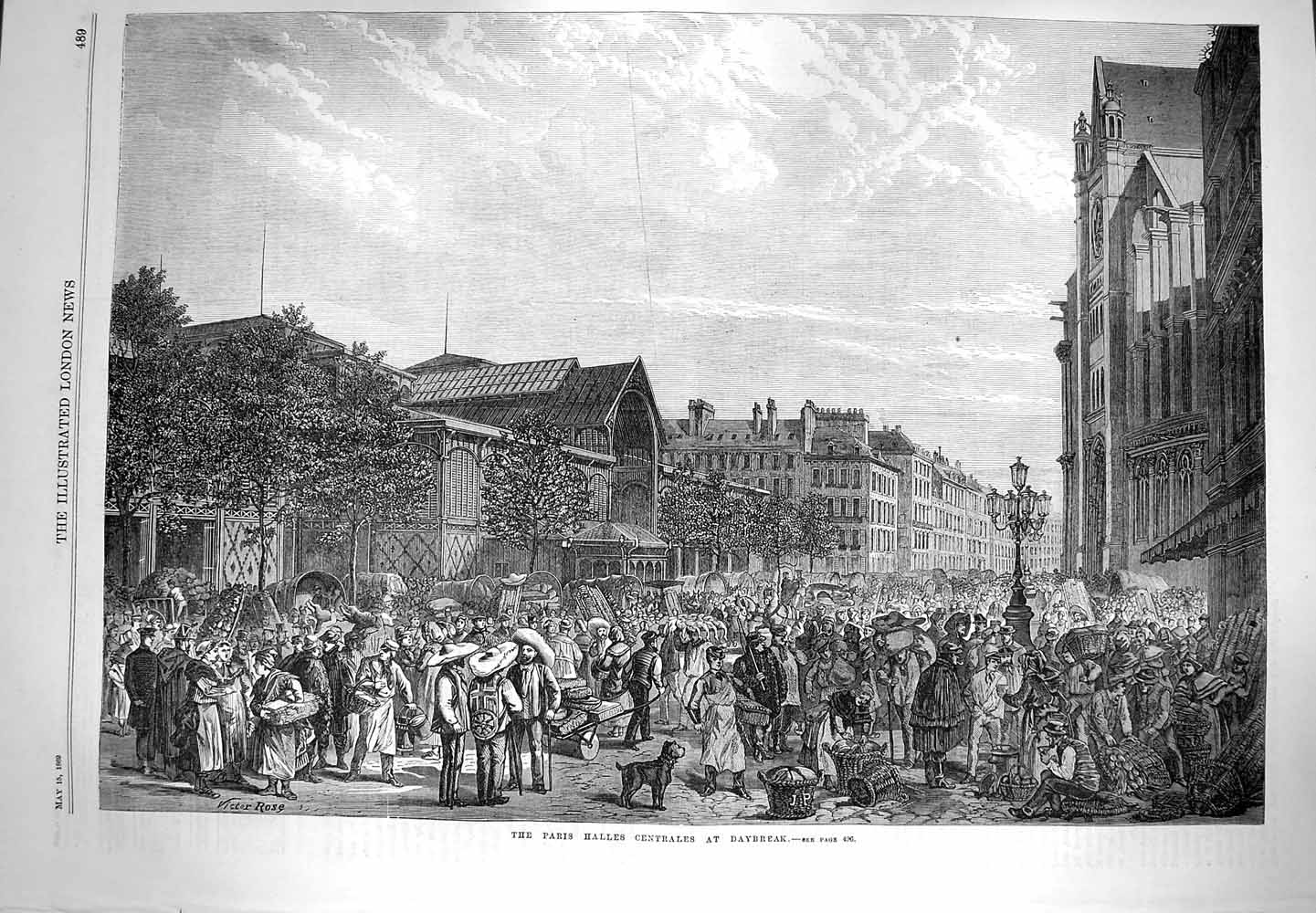 Original Old Antique Print 1869 Paris Halles Centrales Daybreak Street Scene