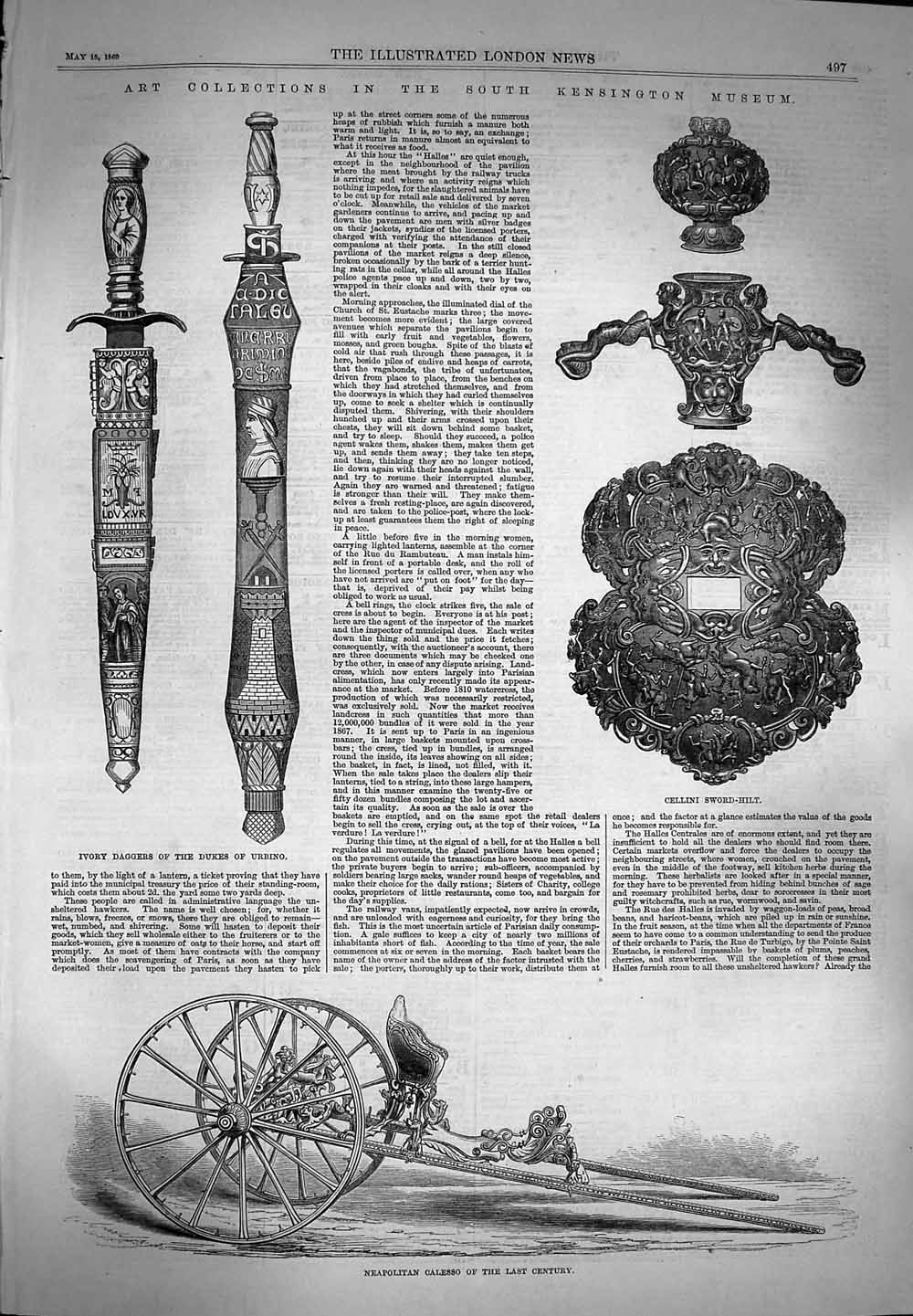 Old Antique Print 1869 Kensington Museum Calesso Daggers Sword-Hilt Ebony 19th