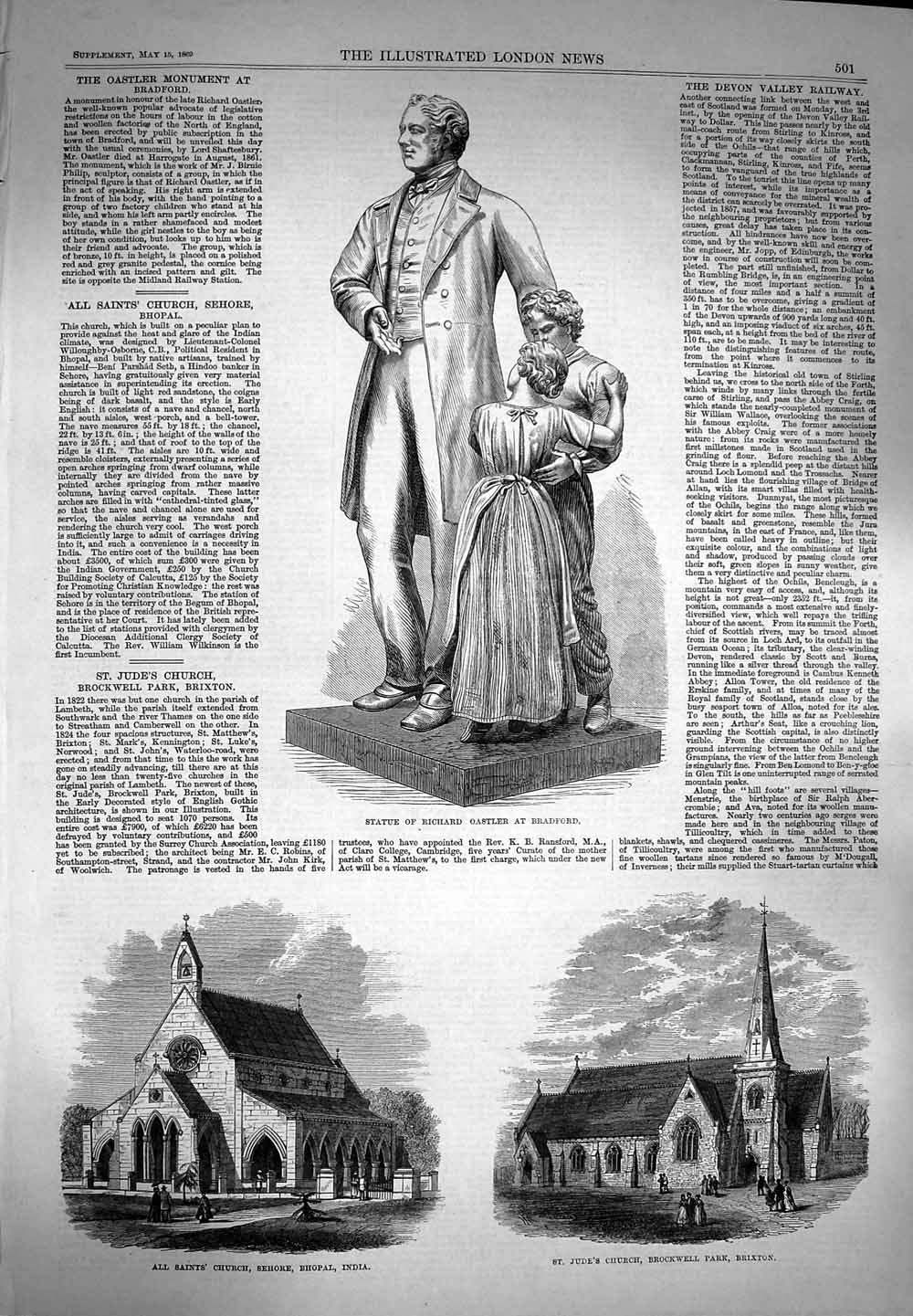Original Old Antique Print 1869 Richard Oastler Bradford Church India Brixton