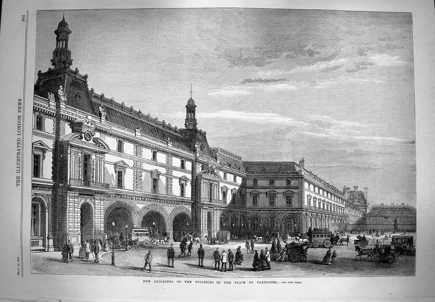 Old Antique Print 1869 Buildings Tuileries Place Carrousel Architecture 19th
