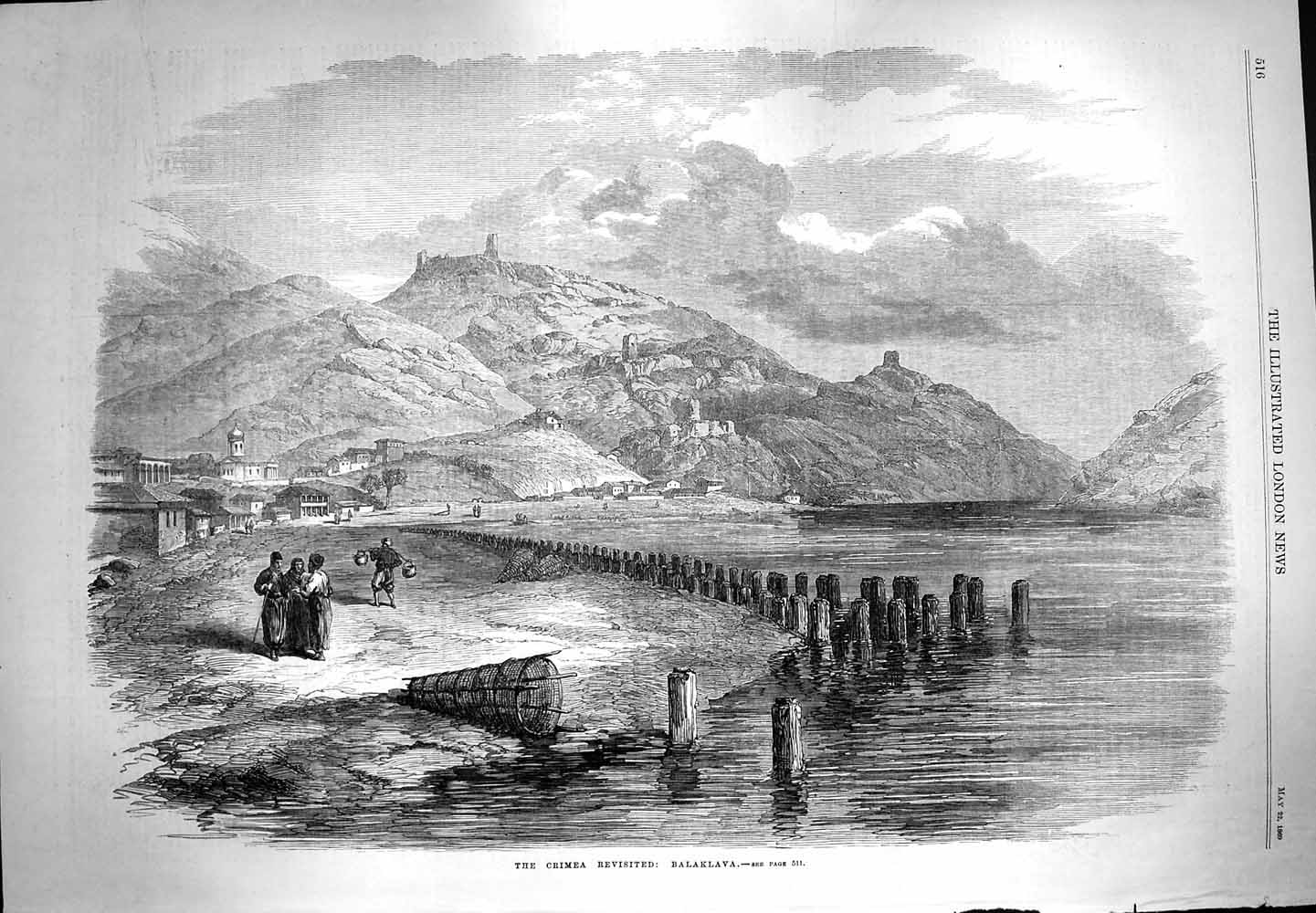 Original Old Antique Print 1869 Crimea View Balaklava Mountains River Houses
