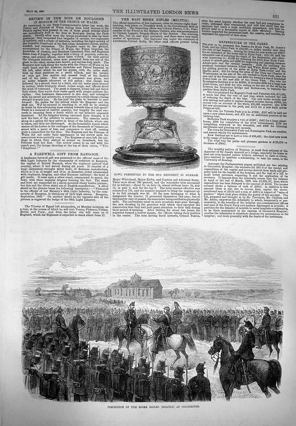 Old Antique Print 1869 Essex Rifles Army Colchester Bowl Regiment Burmah 19th