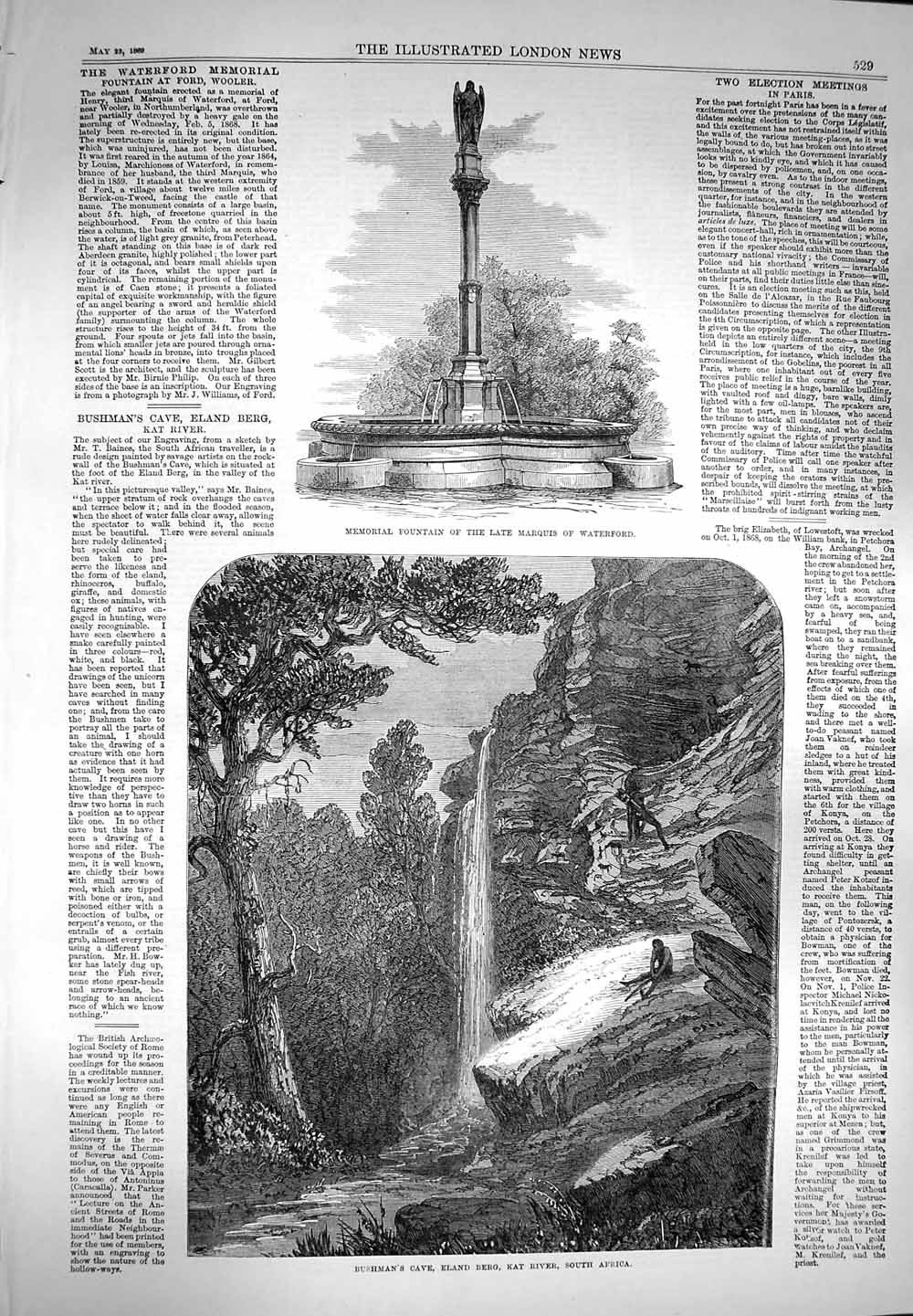 Original Old Antique Print 1869 Fountain Marquis Waterford Cave Berg Kat Africa
