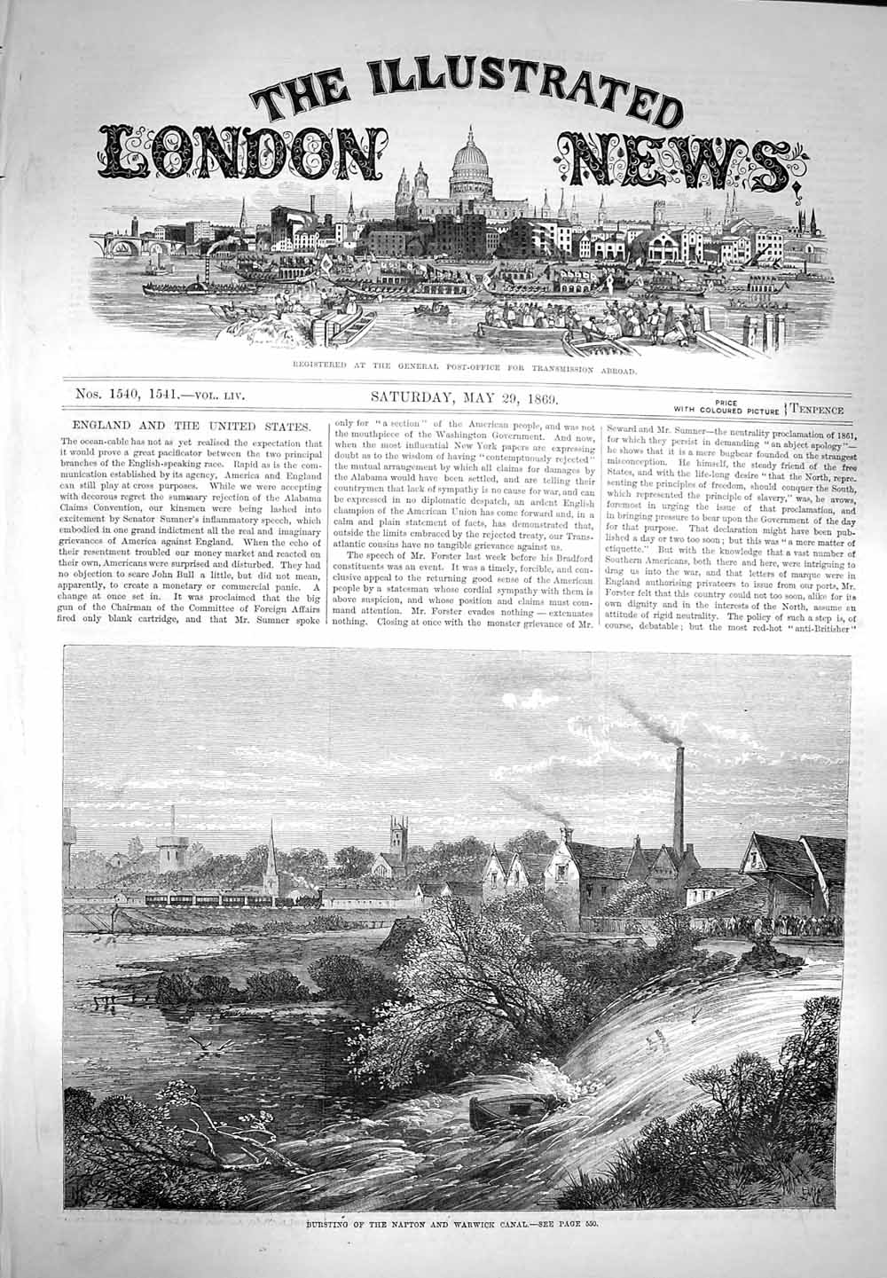 Old Antique Print 1869 Bursting Napton Warwick Canal Floods River Train 19th