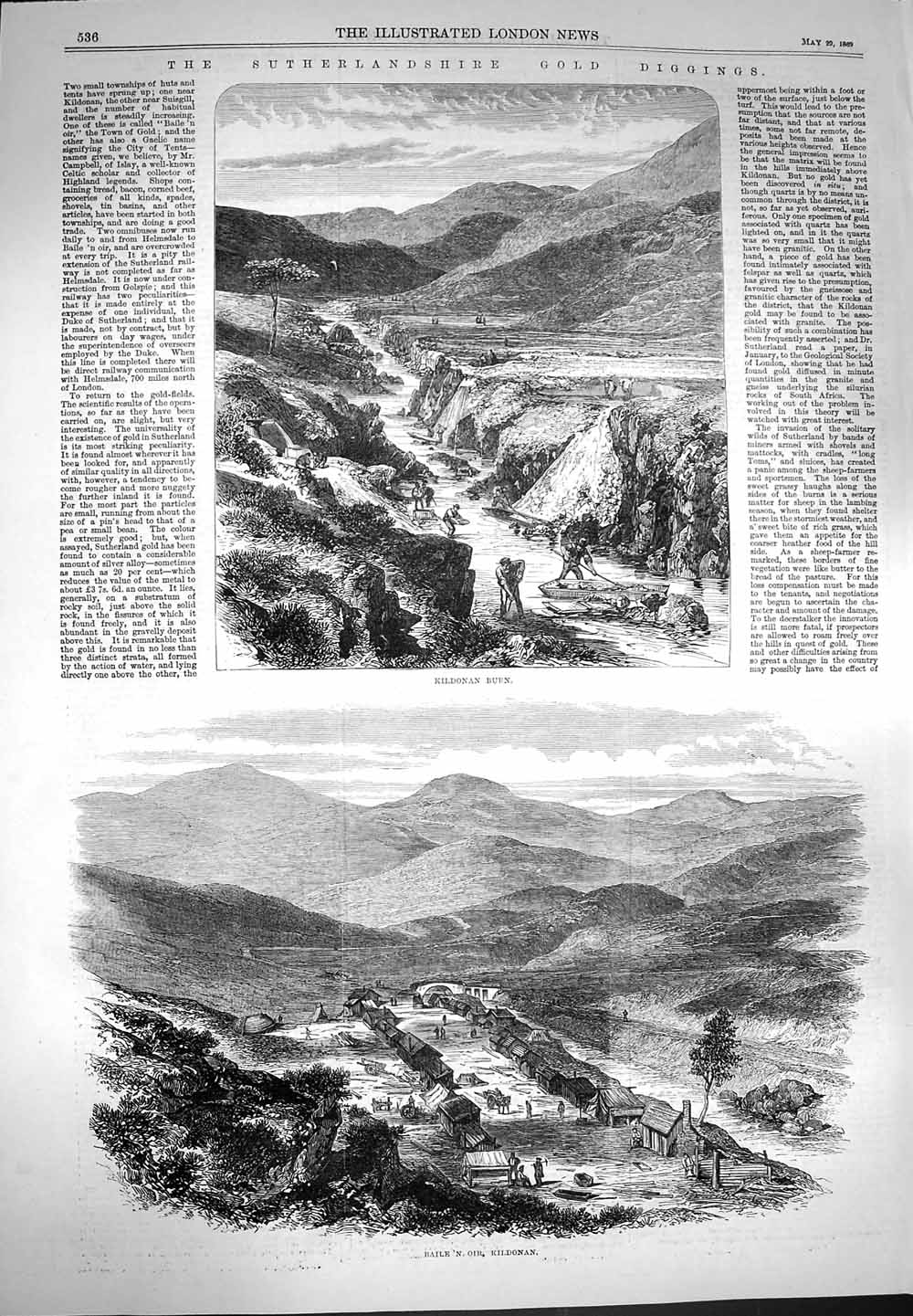 Original Old Antique Print 1869 Sutherland GDigging Kildonan Burn S Victorian