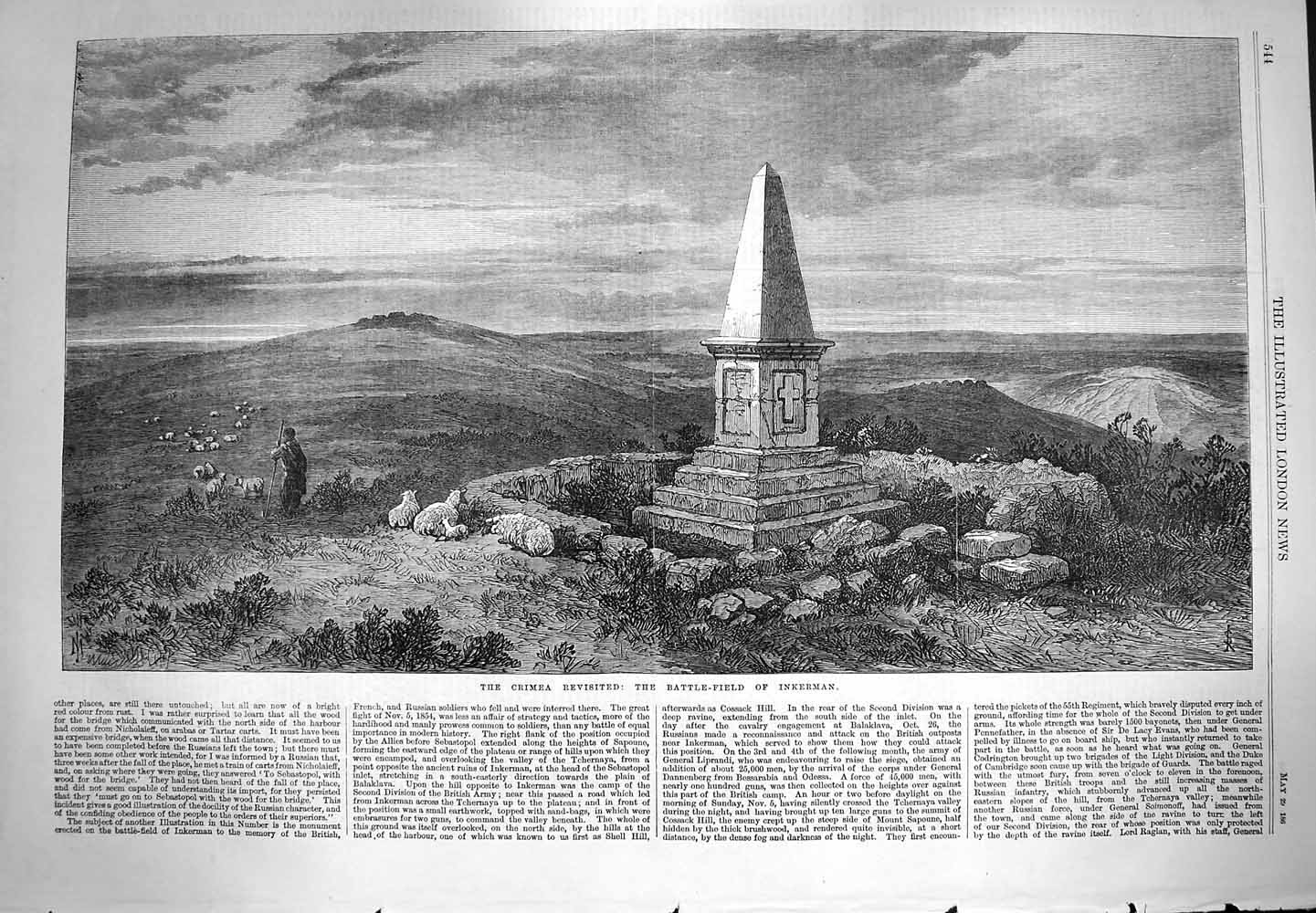 Original Old Antique Print 1869 Crimea War View Battle-Field Inkerman Man Sheep
