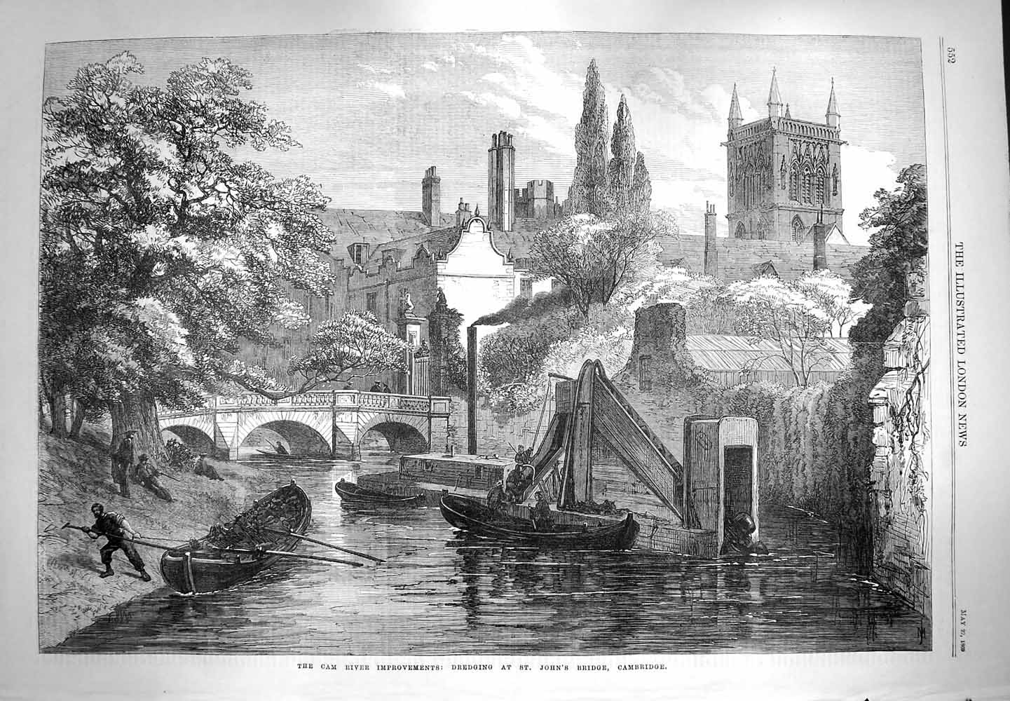 Old Antique Print 1869 Cam River Dredging John'S Bridge Cambridge Horses 19th