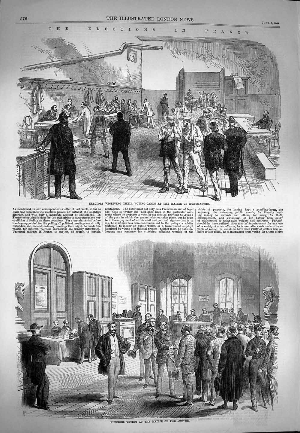Old Antique Print 1869 Elections France Montmartre Louvre Antoine Mairie 19th