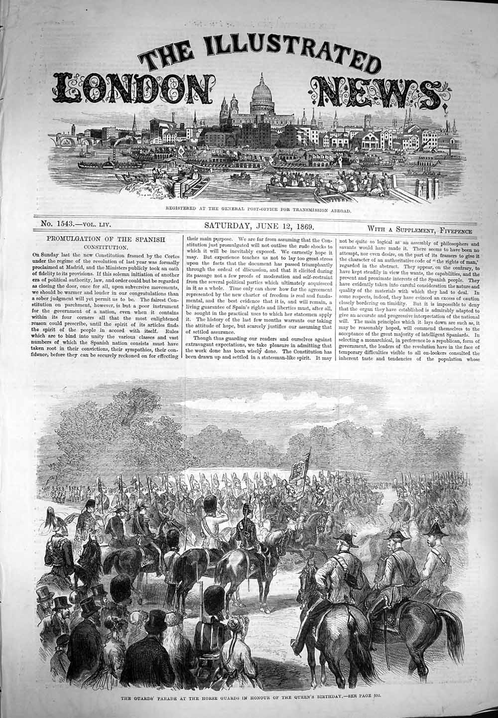 Original Old Antique Print 1869 Guards Parade Horses Honour Queens Birthday