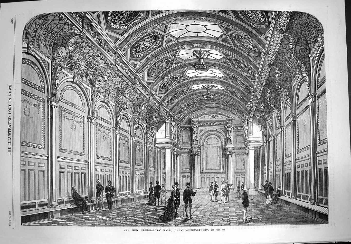 Original Old Antique Print 1869 Freemasons Hall Great Queen Street Architecture