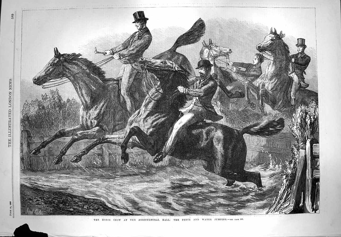 Old Antique Print 1869 Horse Show Agricultural Hall Fence Water Jumping 19th