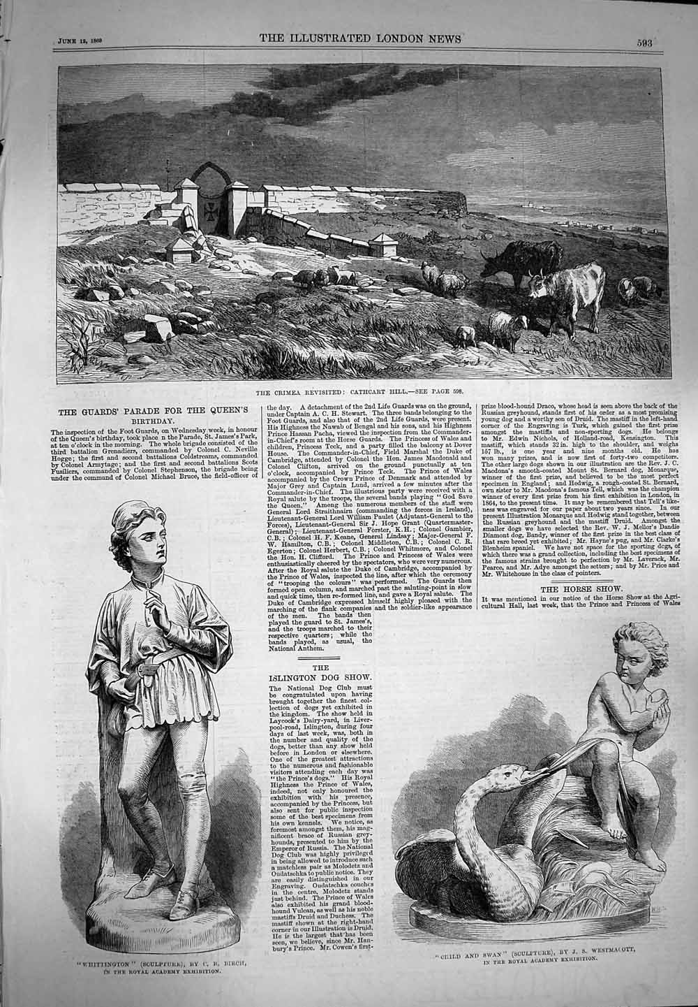 Old Antique Print 1869 Crimea Cathcart Hill Sculpture Whittington Child 19th