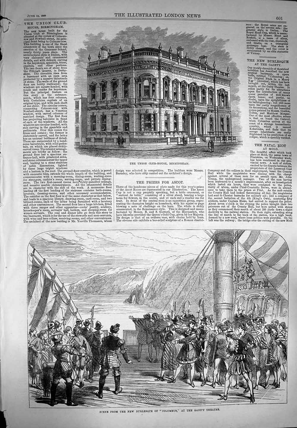 Original Old Antique Print 1869 Club-House Birmingham Burlesque Gaiety 19th