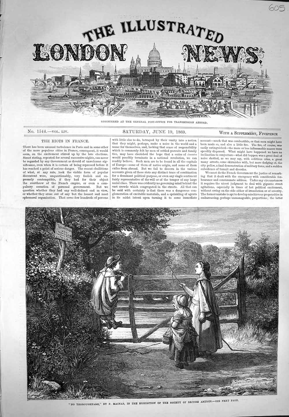 Original Old Antique Print 1869 No Thoroughfare Children Gate No Trespassing