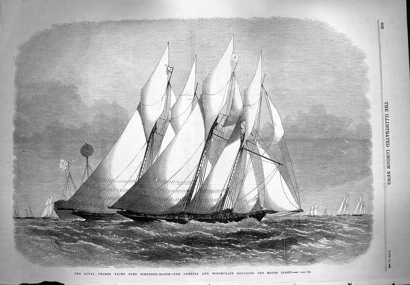 Old Antique Print 1869 Thames Yacht Club Match Cambria Witchcraft Mouse 19th