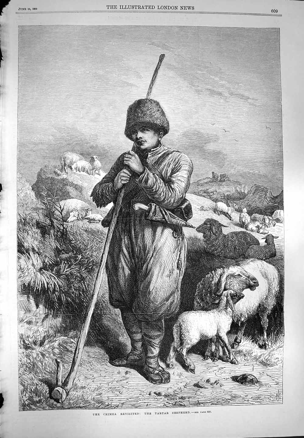Original Old Antique Print 1869 Crimea Tartar Shepherd Sheep 19th