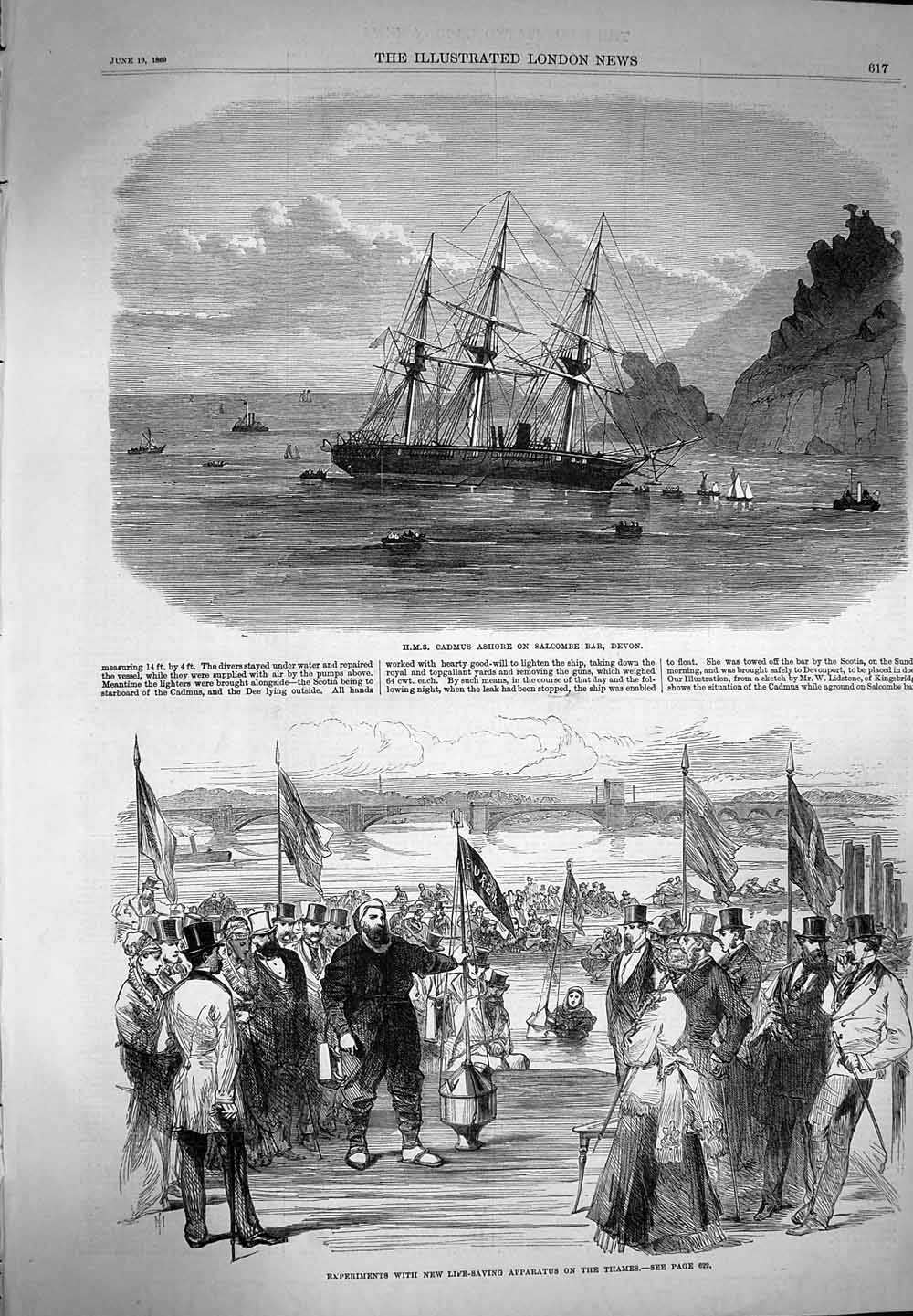 Old Antique Print 1869 Ship Cadmus Salcombe Devon Life-Saving Apparatus 19th
