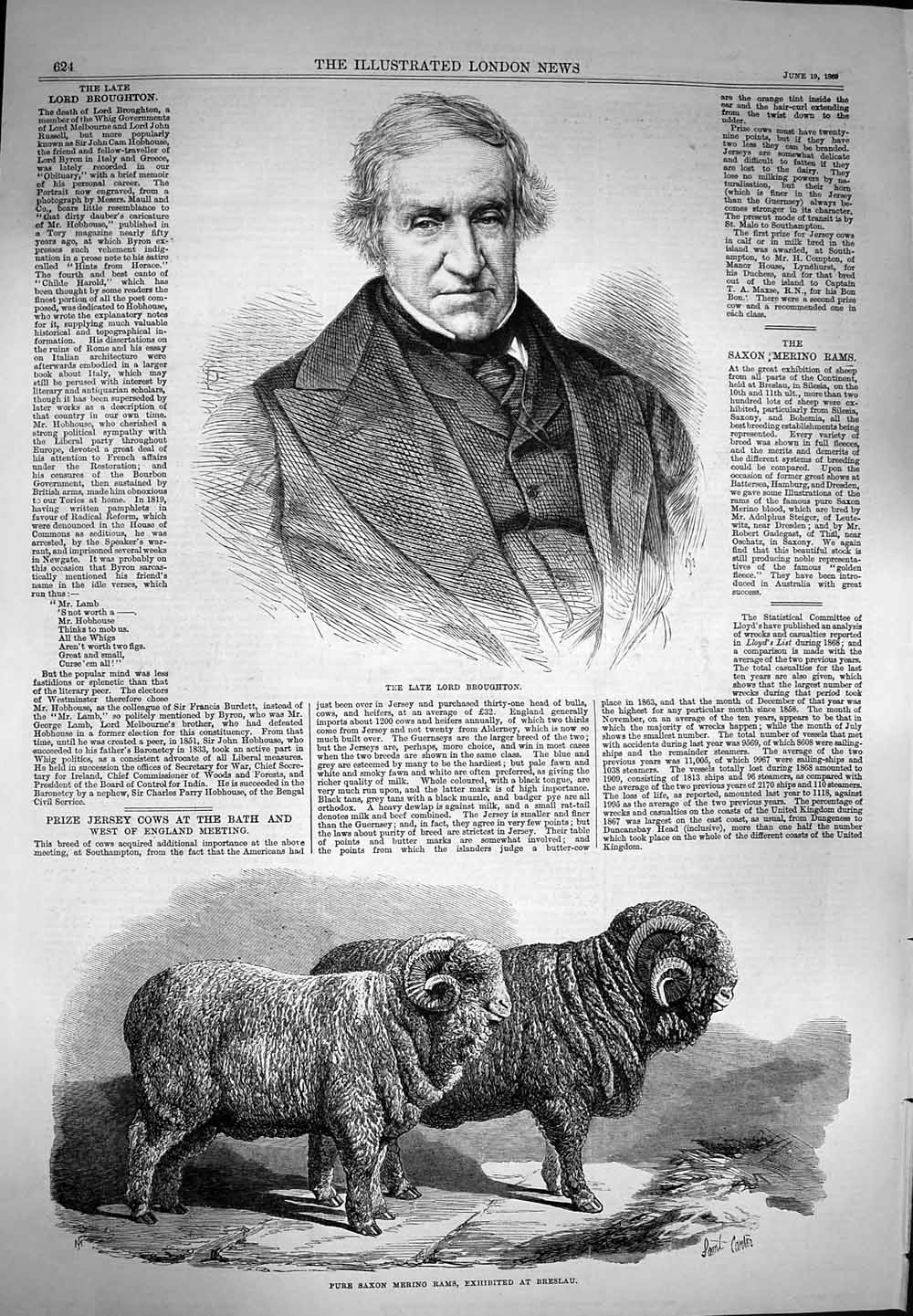 Old Antique Print 1869 Portrait Lord Broughton Saxon Merino Rams Breslau 19th