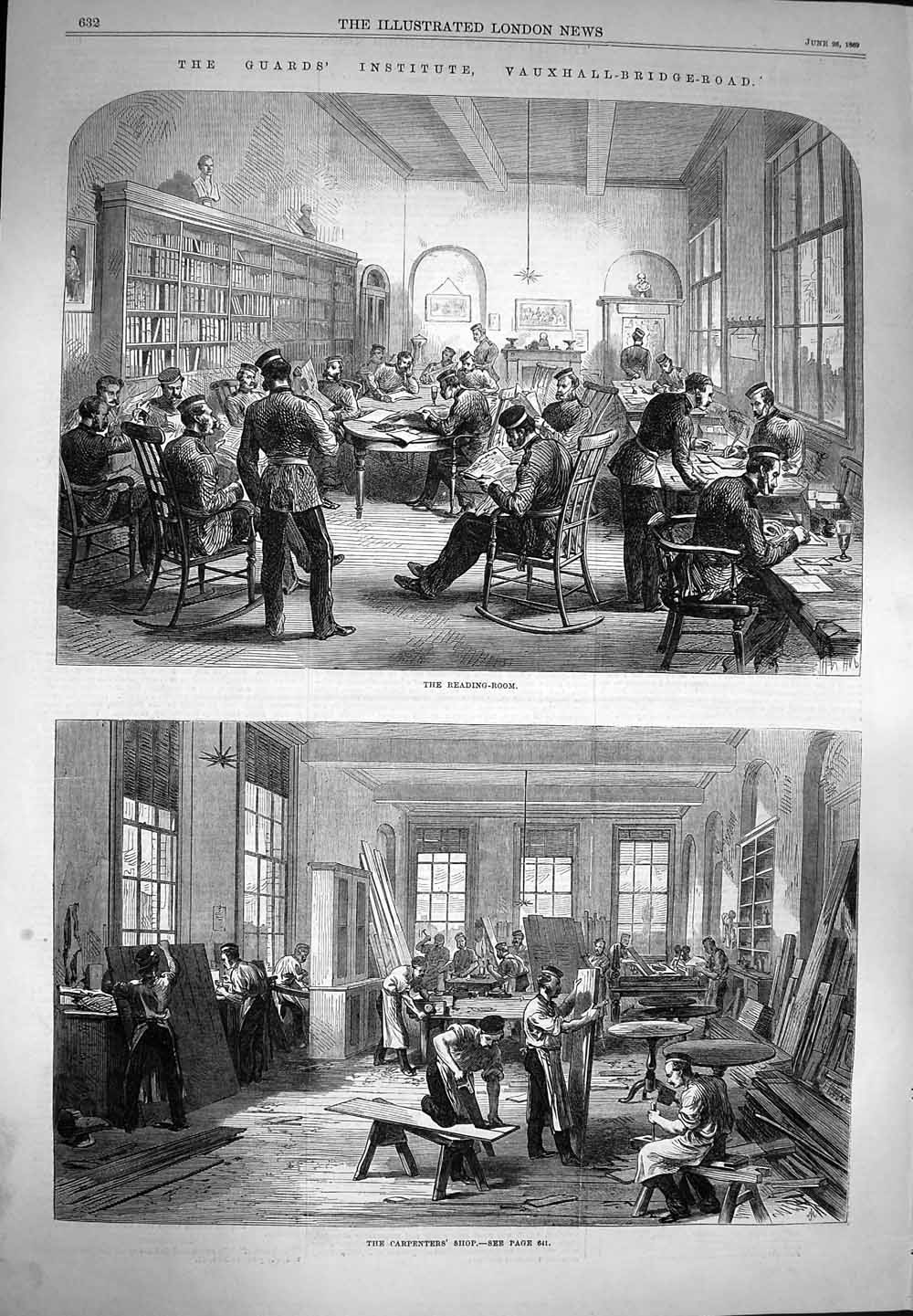 Original Old Antique Print 1869 Guards Institute Carpenters Reading-Room V 19th