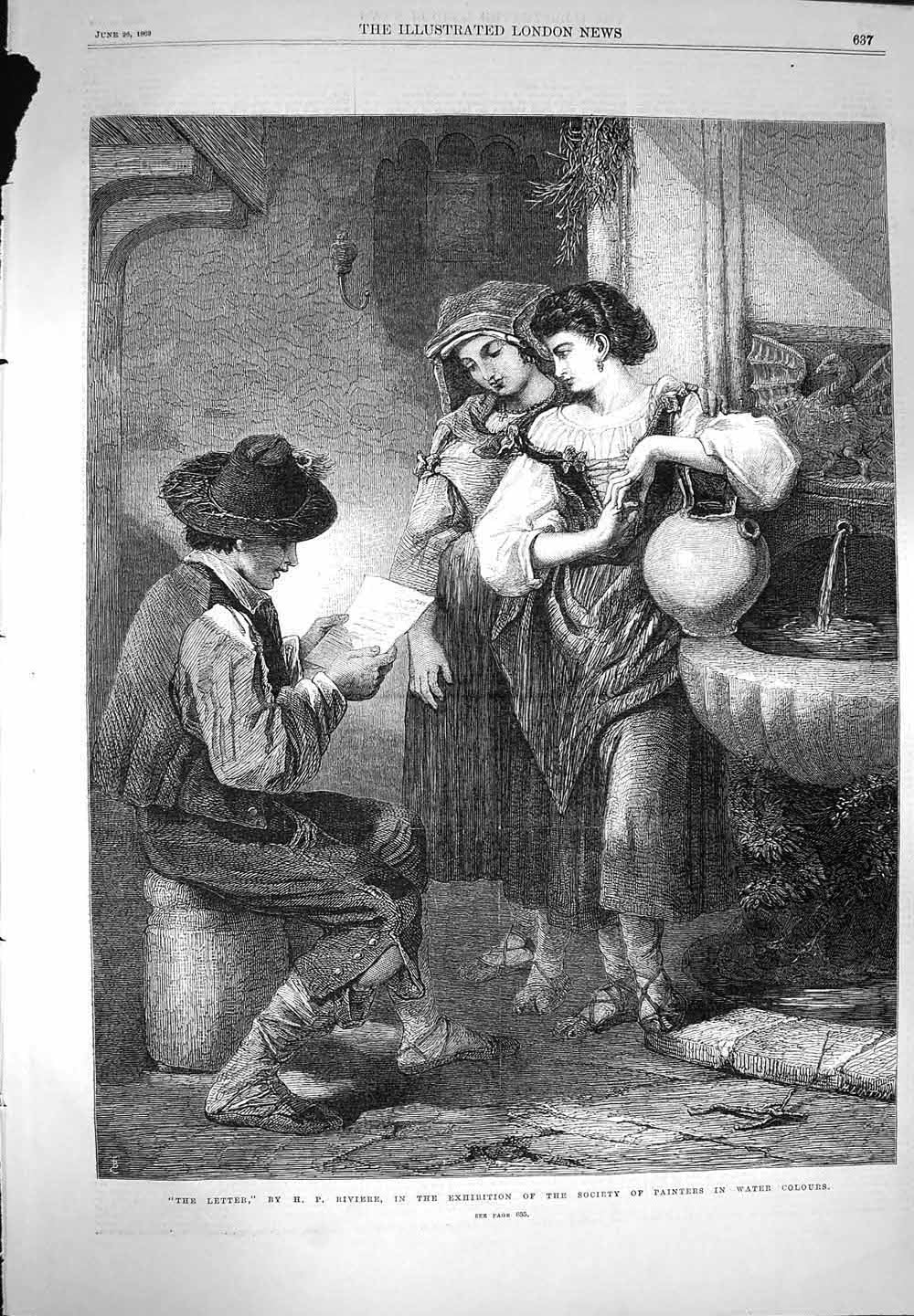 Original Old Antique Print 1869 The Letter Young Man Reading Girls Victorian