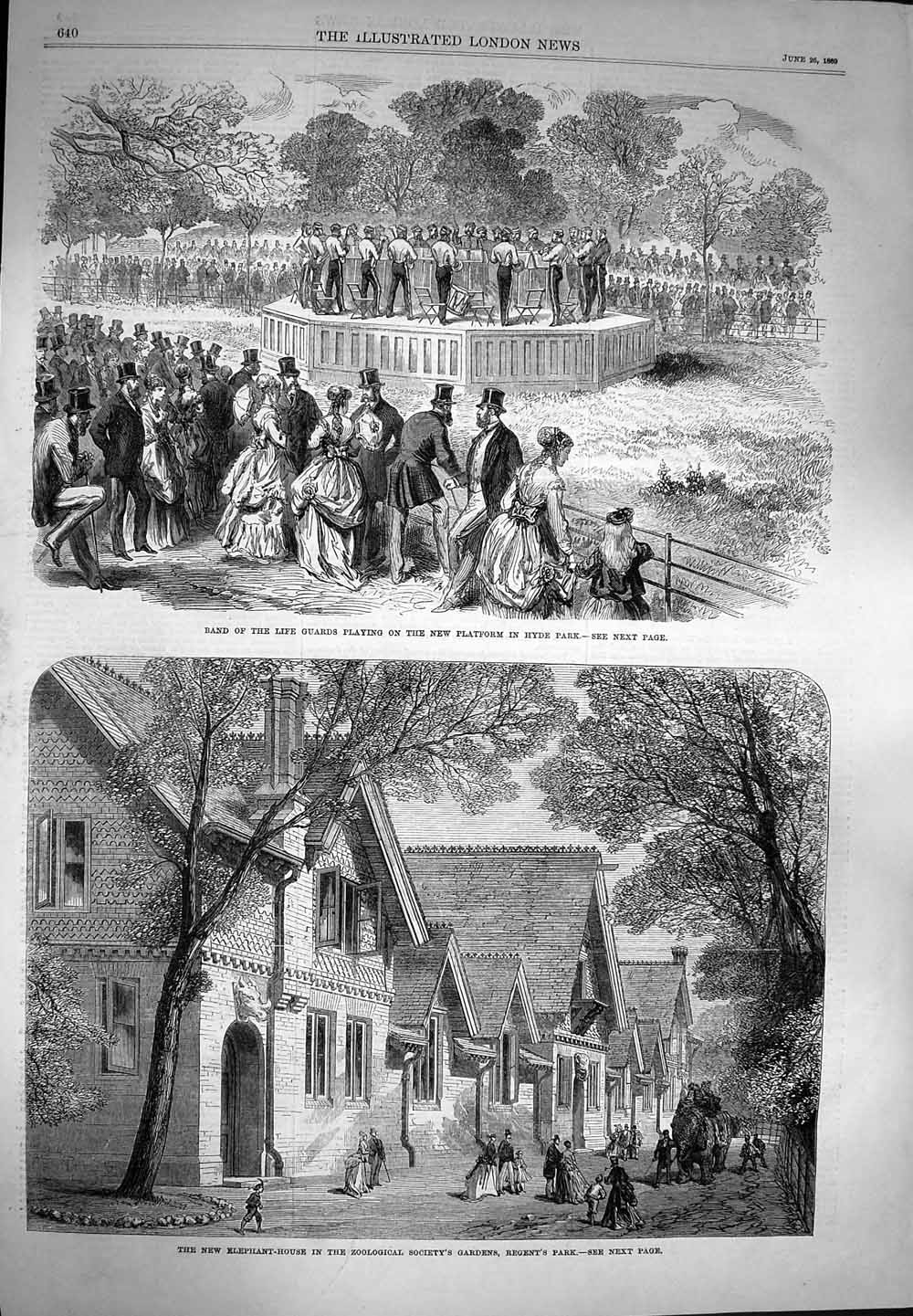 Original Old Antique Print 1869 Music Band Life Guards Hyde Park Elephan 19th