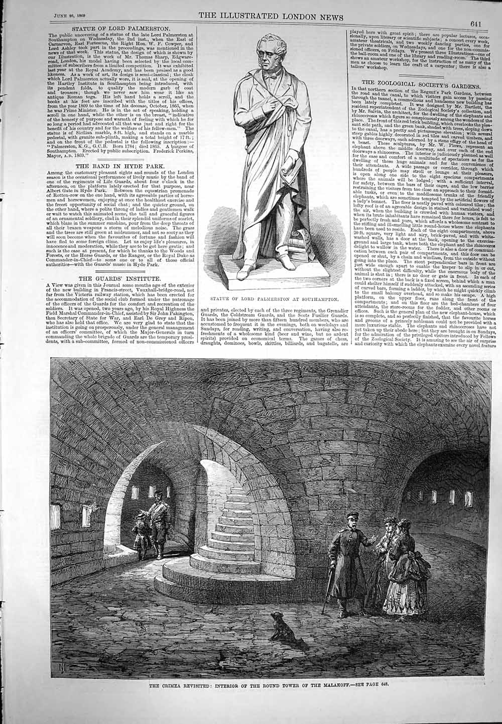 Old Antique Print 1869 Statue Lord Palmerston Round Tower Malakoff Crimea 19th