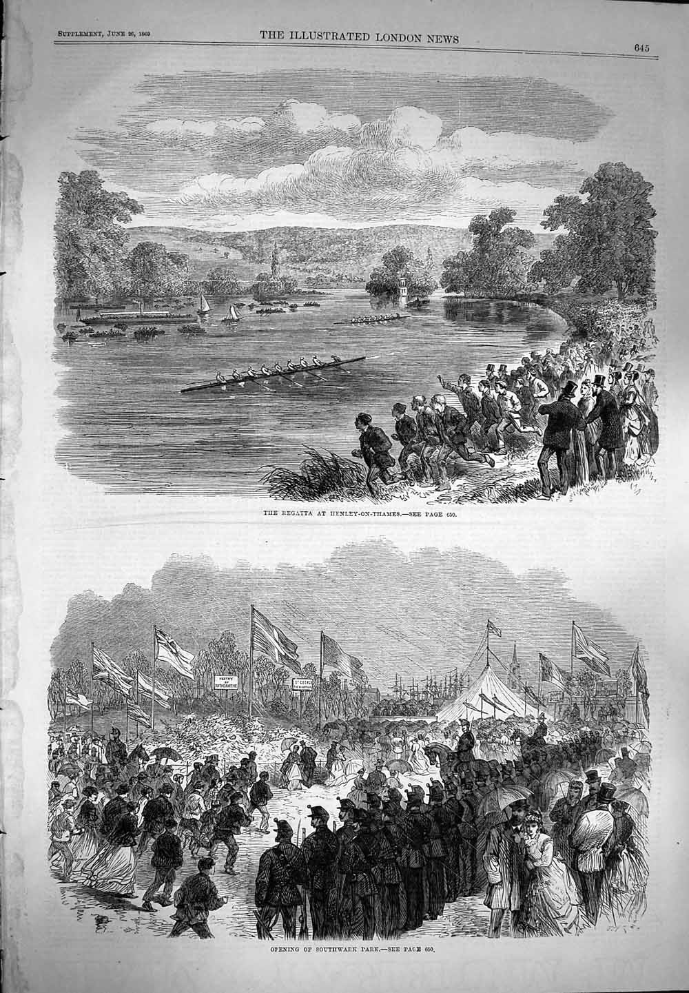 Original Old Antique Print 1869 Boats Regatta Henley-On-Thames Southwark Park