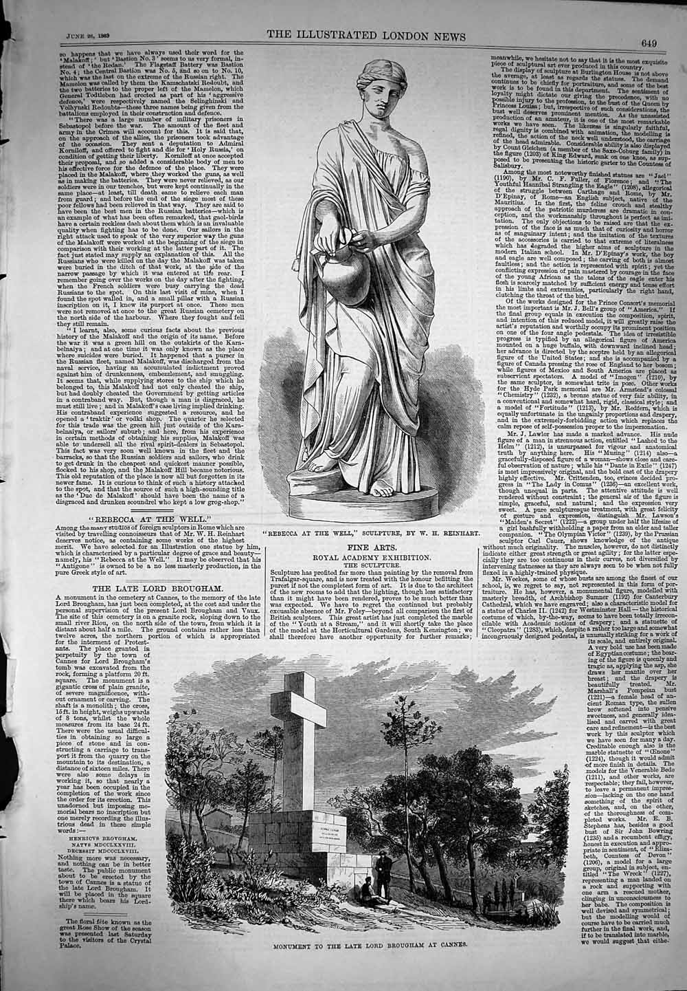 Old Antique Print 1869 Monument Lord Brougham Cannes Rebecca Well Statue 19th