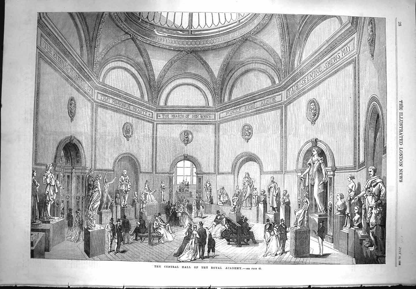 Original Old Antique Print 1869 Central Hall Royal Academy Sculpture Statues