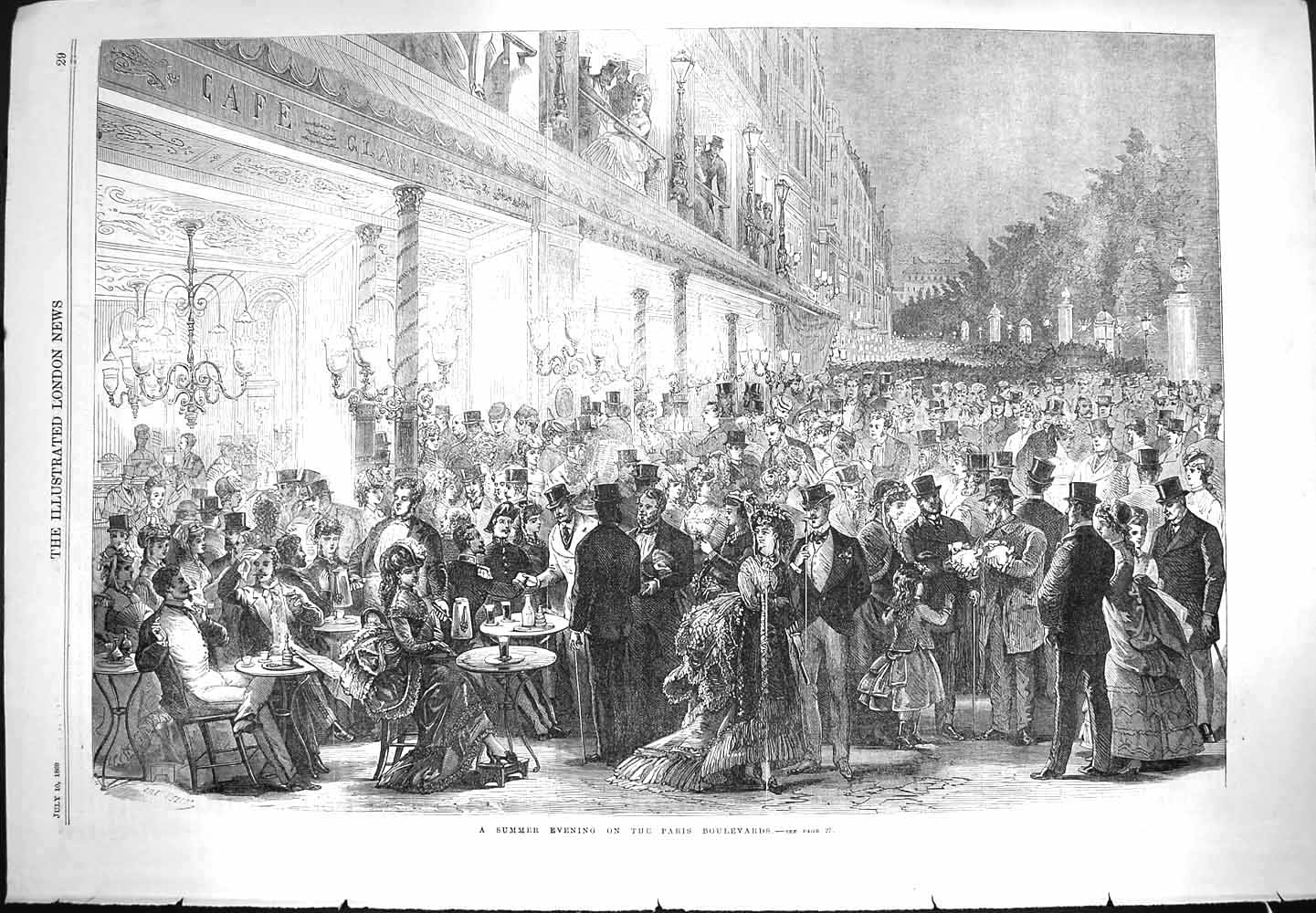 Original Old Antique Print 1869 Summer Evening Paris Boulevards France People