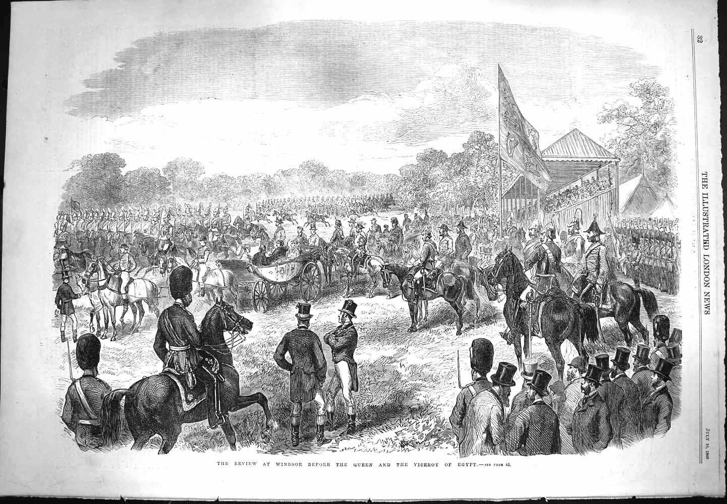 Original Old Antique Print 1869 Review Windsor Queen Viceroy Egypt Horses Army