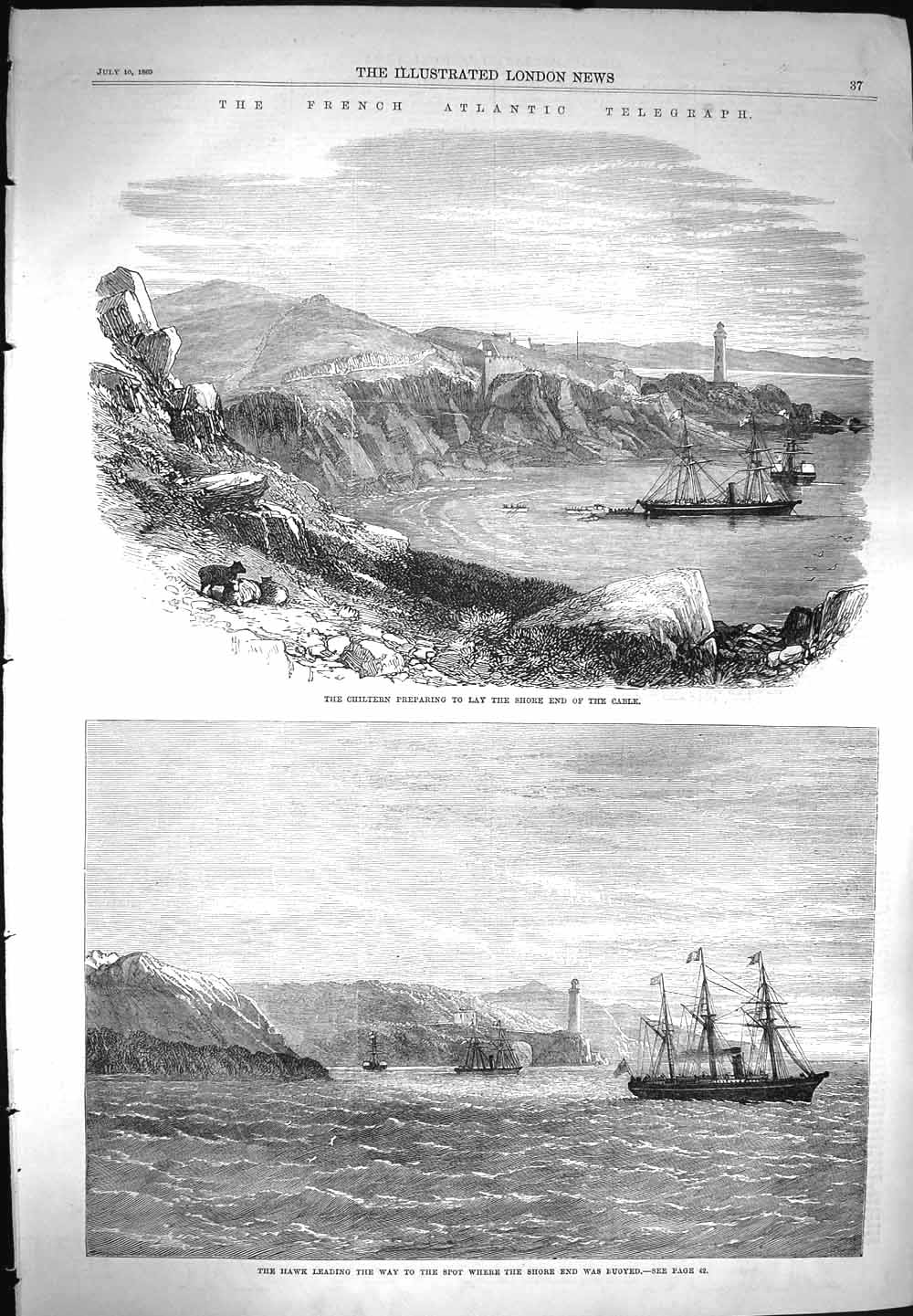 Original Old Antique Print 1869 French Atlantic Telegraph Chiltern Ships Hawk