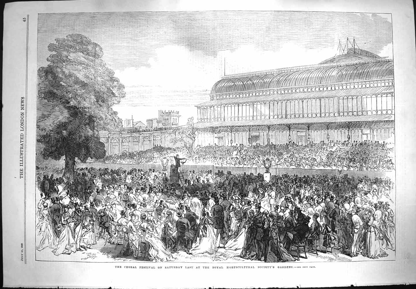 Original Old Antique Print 1869 Choral Festival Horticultural Society Gardens