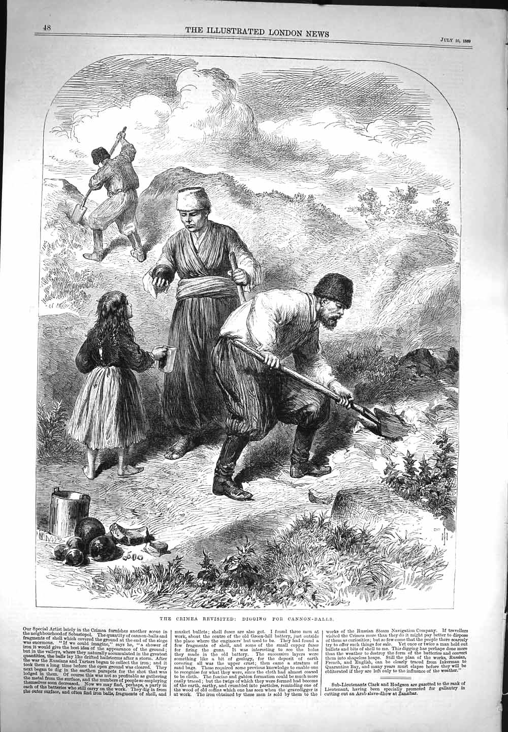 Original Old Antique Print 1869 Crimea Diggin Cannon Balls Sebastopol Men Work
