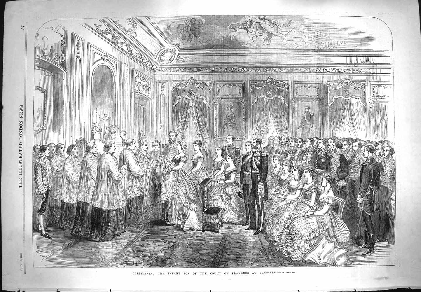 Original Old Antique Print 1869 Christening Baby Son Count Flanders Brussels