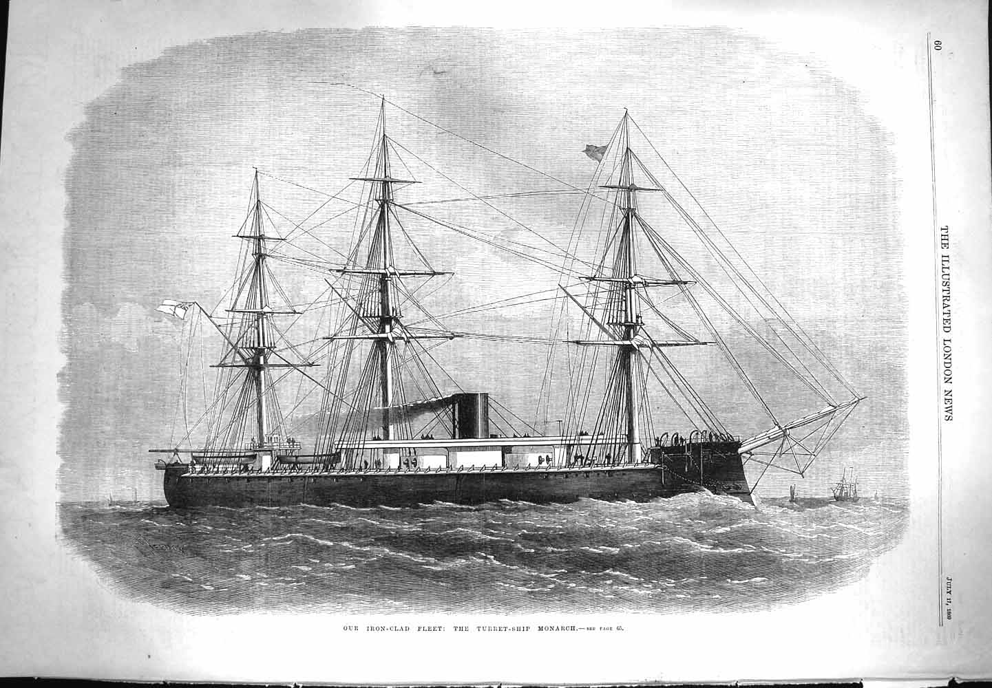 Original Old Antique Print 1869 Iron-Clad Fleet Turret Ship Monarch Fine Art