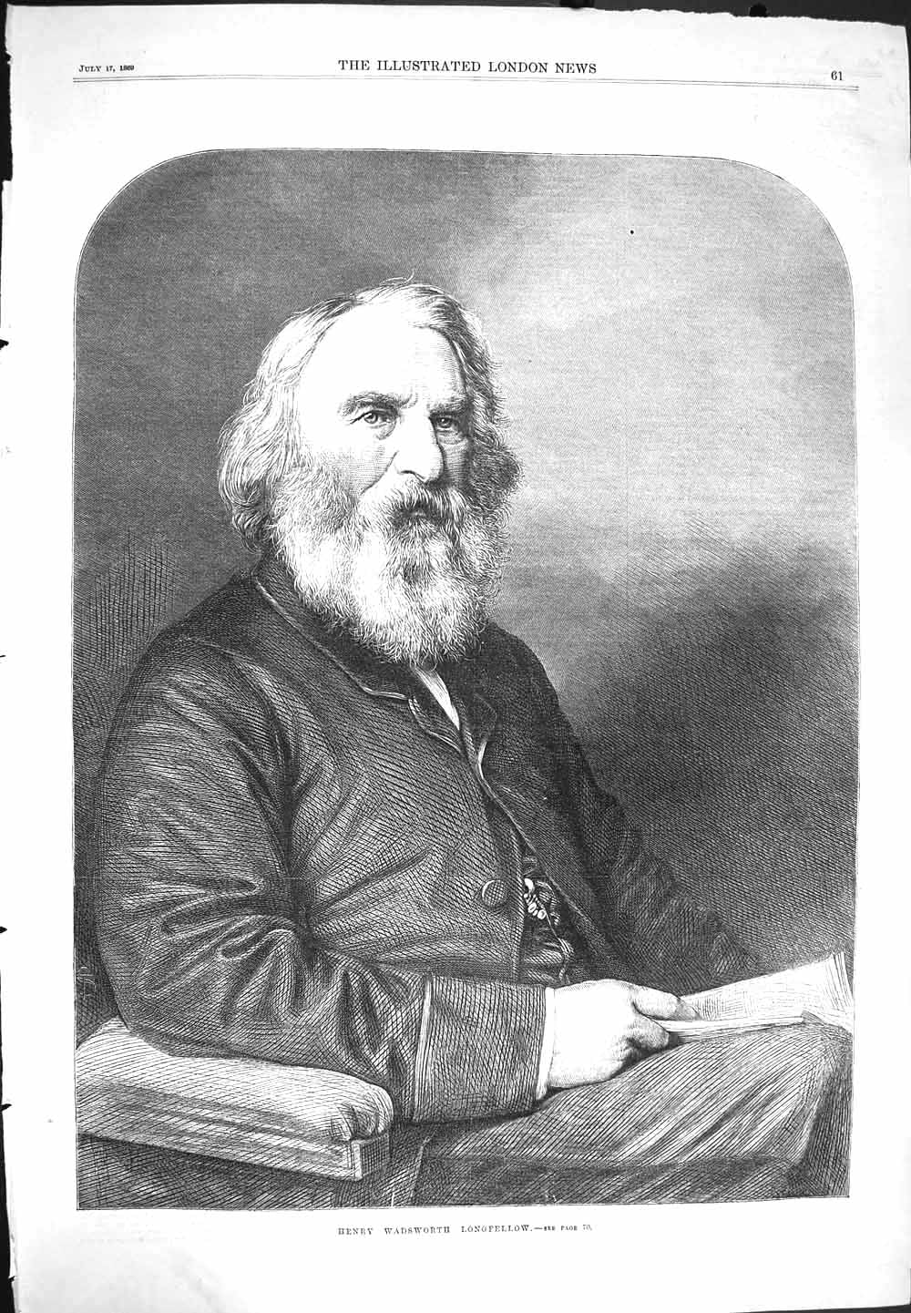 Original Old Antique Print 1869 Portrait Henry Wadsworth Longfellow Fine Art