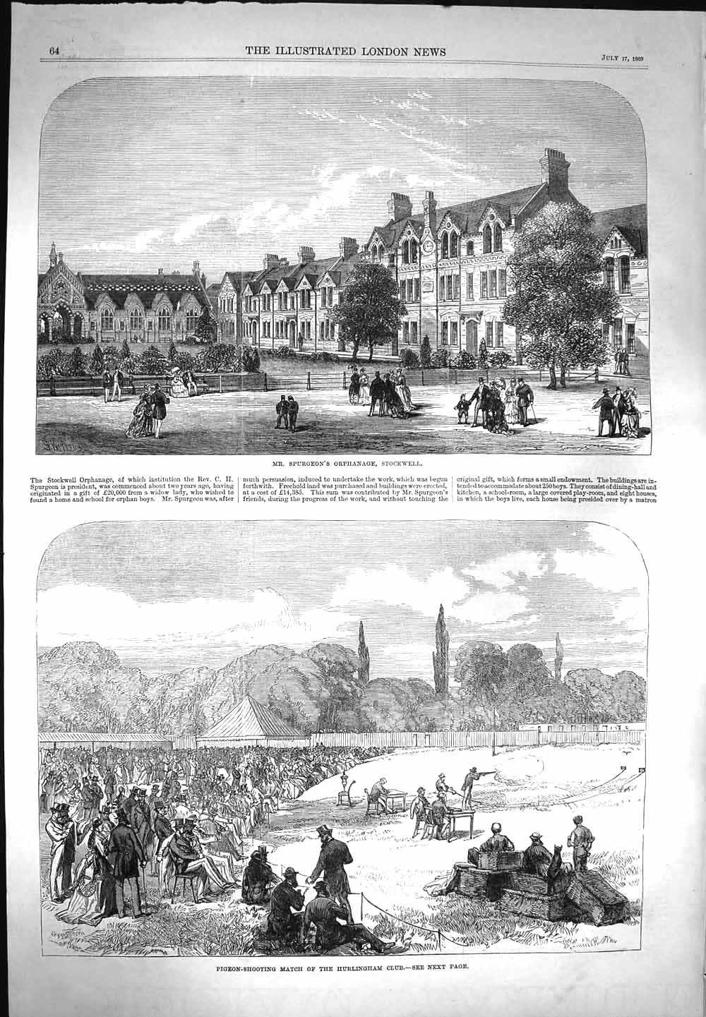 Original Old Antique Print 1869 Spurgeon Orphange Stockwell Pigeon Shooti 19th