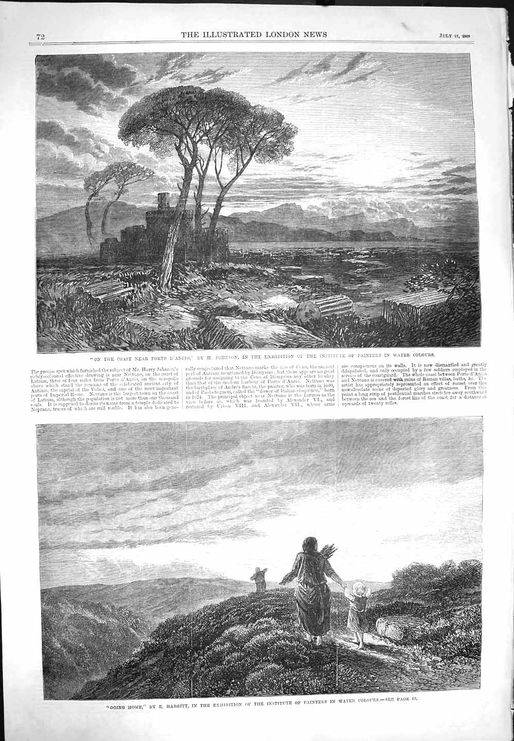 Old Antique Print 1869 View Coast Porto D'Anzio Agriculture Family Home 19th